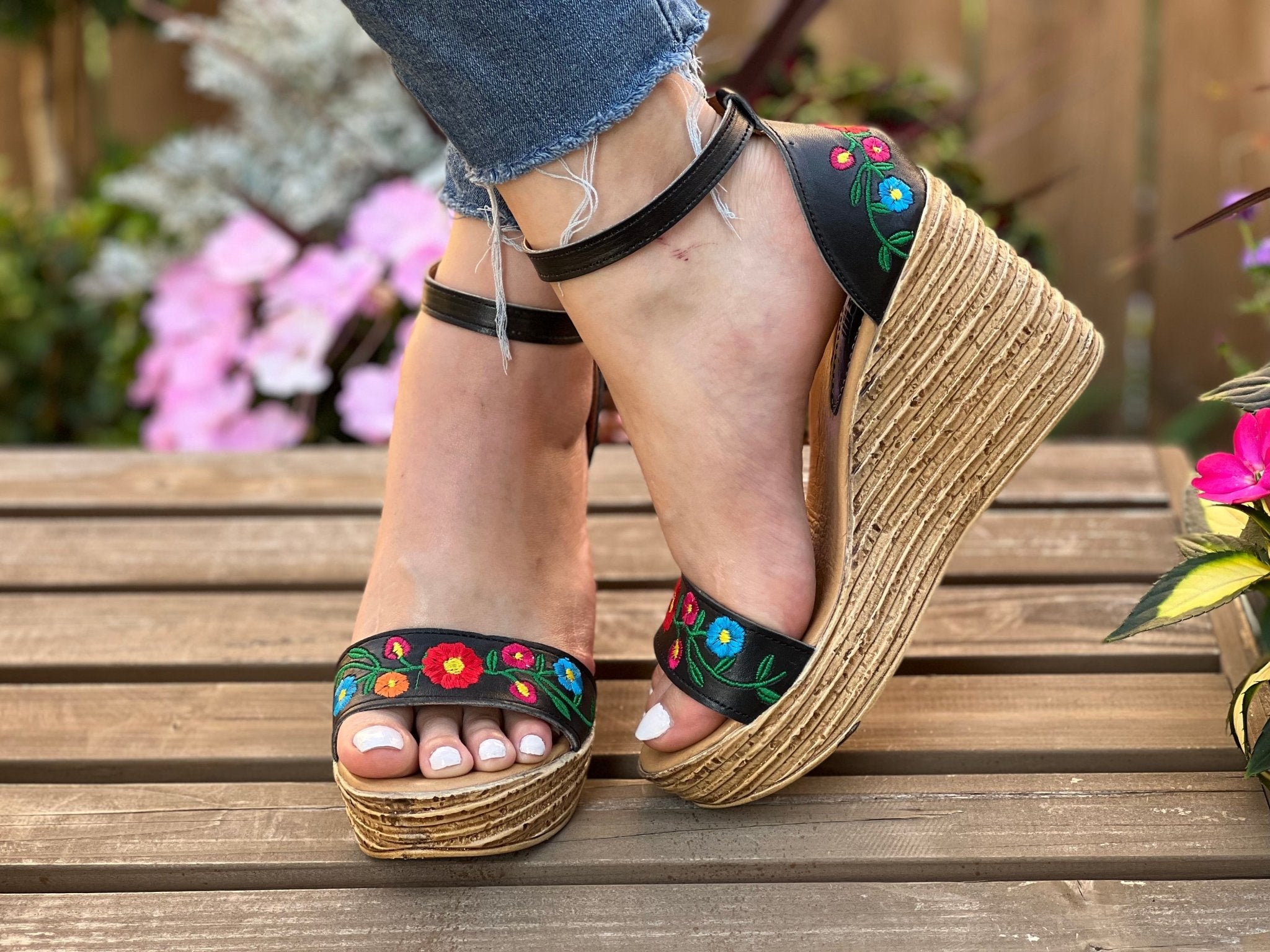 Mexican Embroidered Leather Wedge Heels. Yolanda Heels. - Solei Store