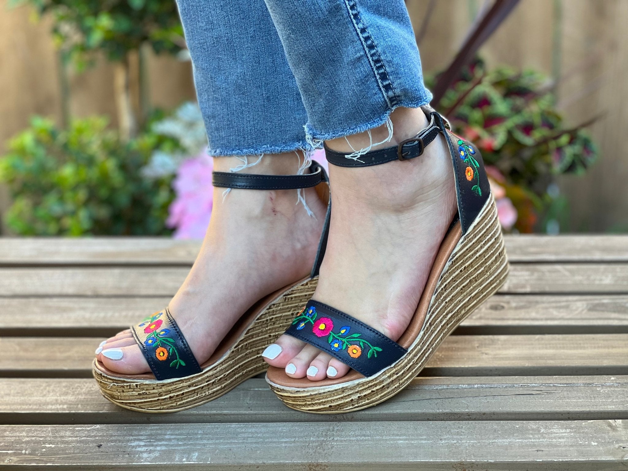 Mexican Embroidered Leather Wedge Heels. Yolanda Heels. - Solei Store