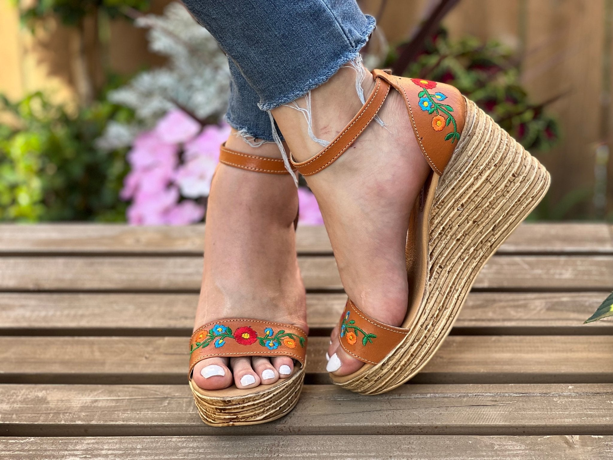 Mexican Embroidered Leather Wedge Heels. Yolanda Heels. - Solei Store