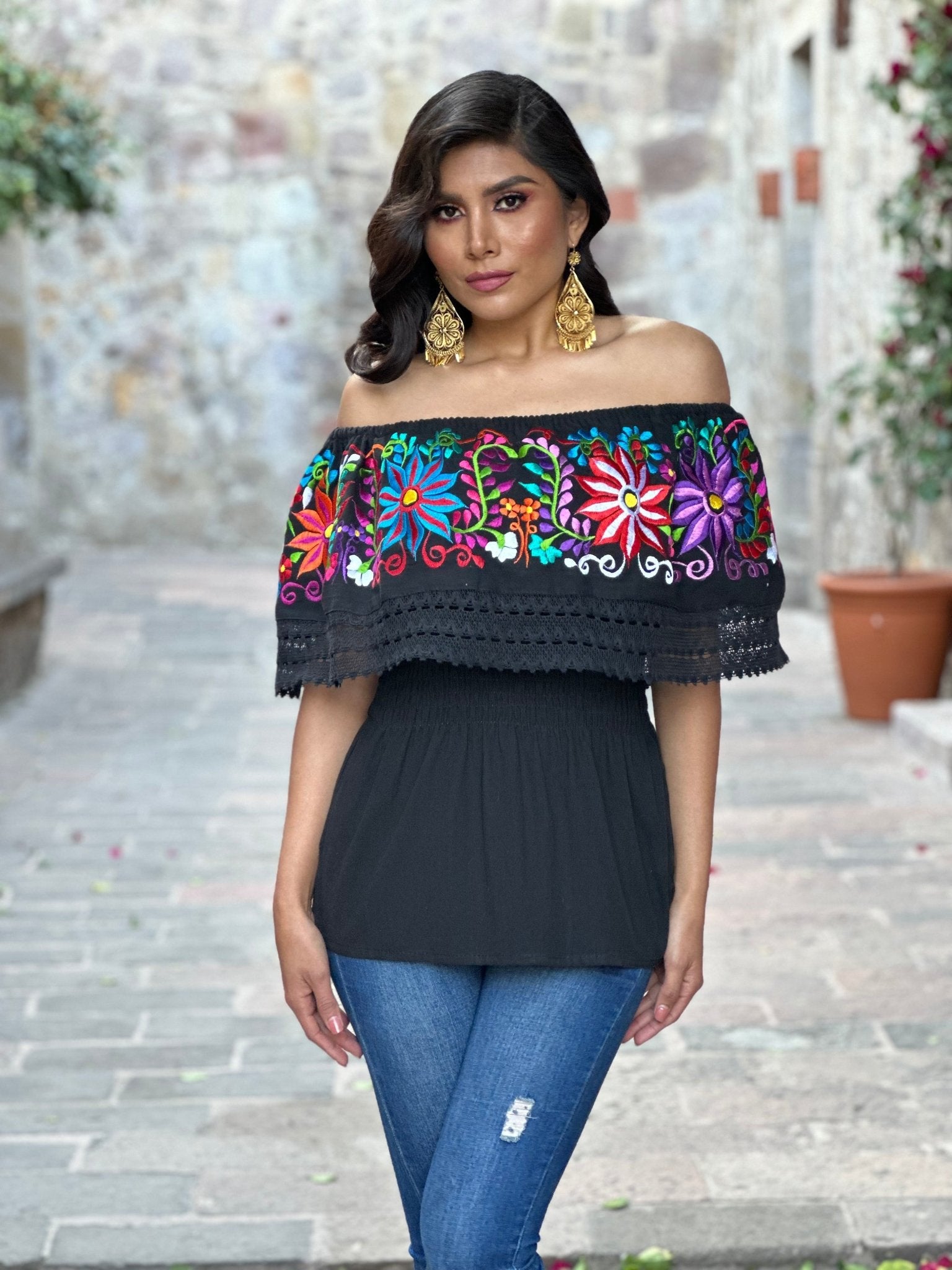 Mexican Embroidered Off the Shoulder Blouse. Blusa Charissa. - Solei Store