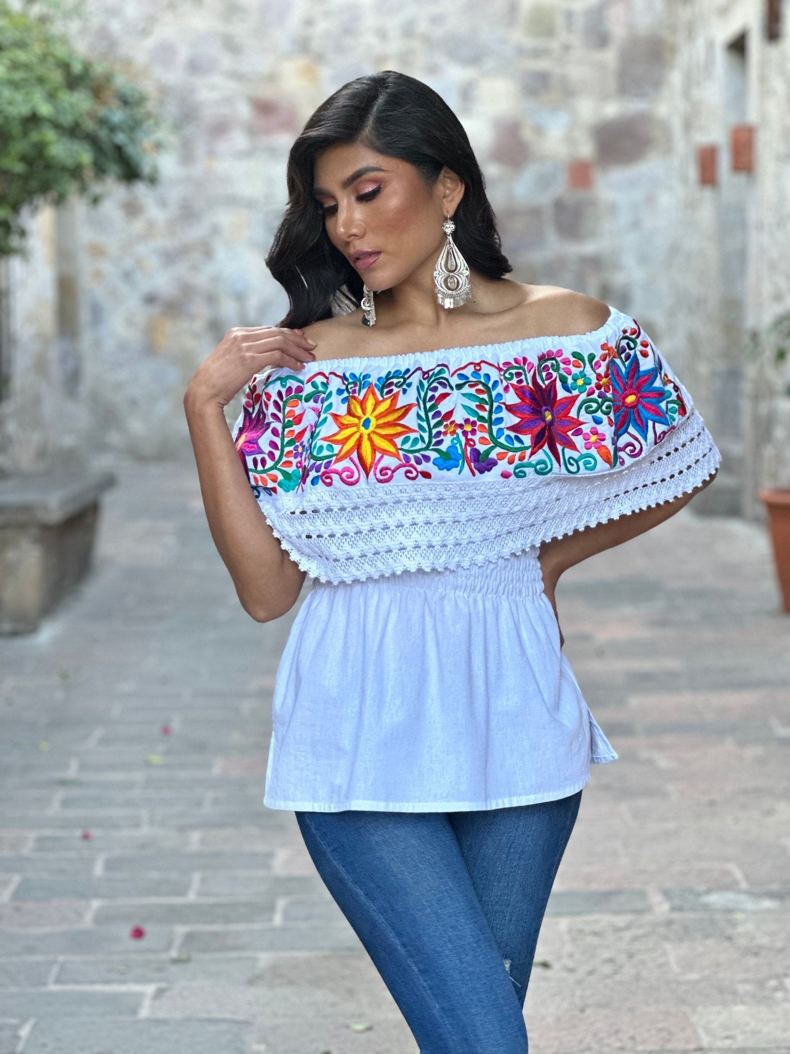 Mexican Embroidered Off the Shoulder Blouse. Blusa Charissa. - Solei Store