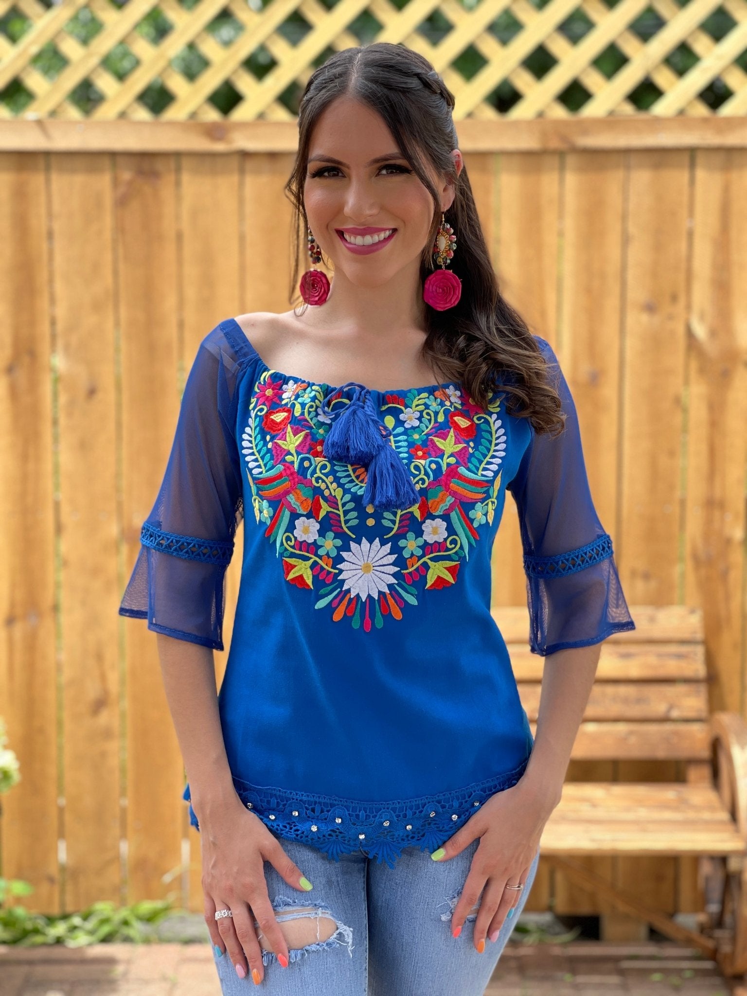 Mexican Embroidered Off the Shoulder Mesh Sleeve Blouse. Esther Mesh Blouse - Solei Store