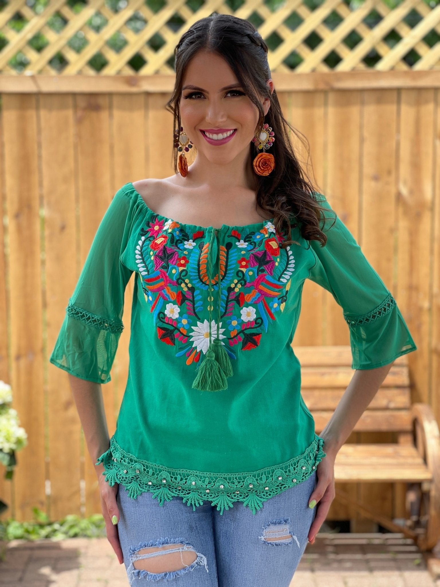 Mexican Embroidered Off the Shoulder Mesh Sleeve Blouse. Esther Mesh Blouse - Solei Store