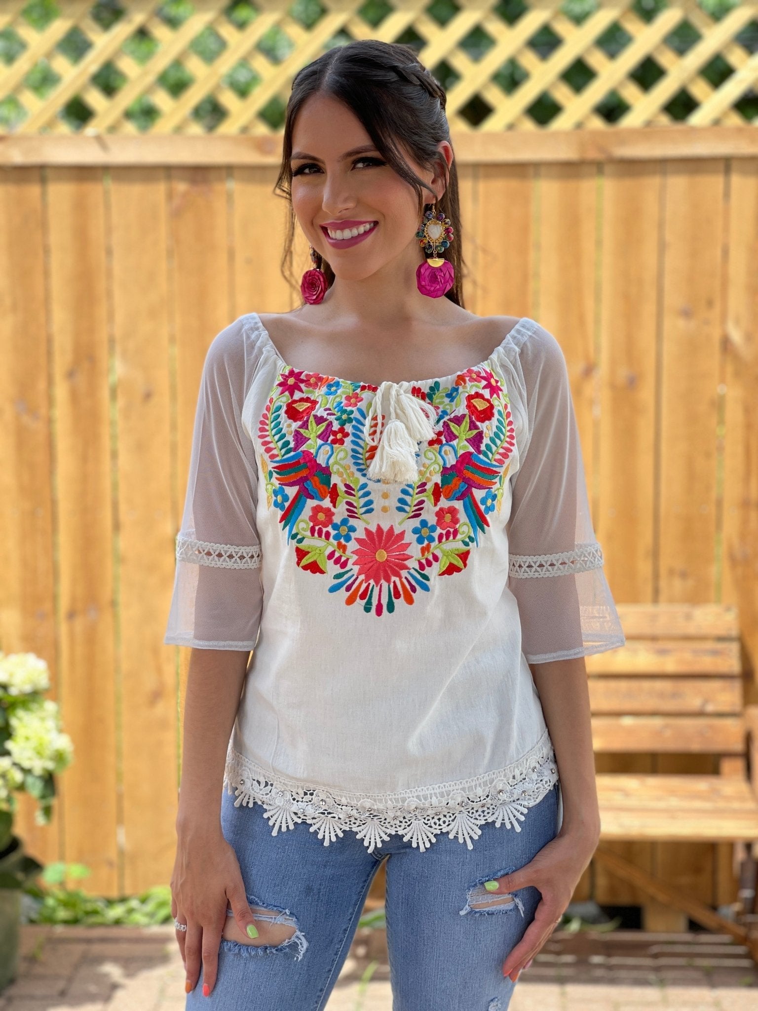 Mexican Embroidered Off the Shoulder Mesh Sleeve Blouse. Esther Mesh Blouse - Solei Store