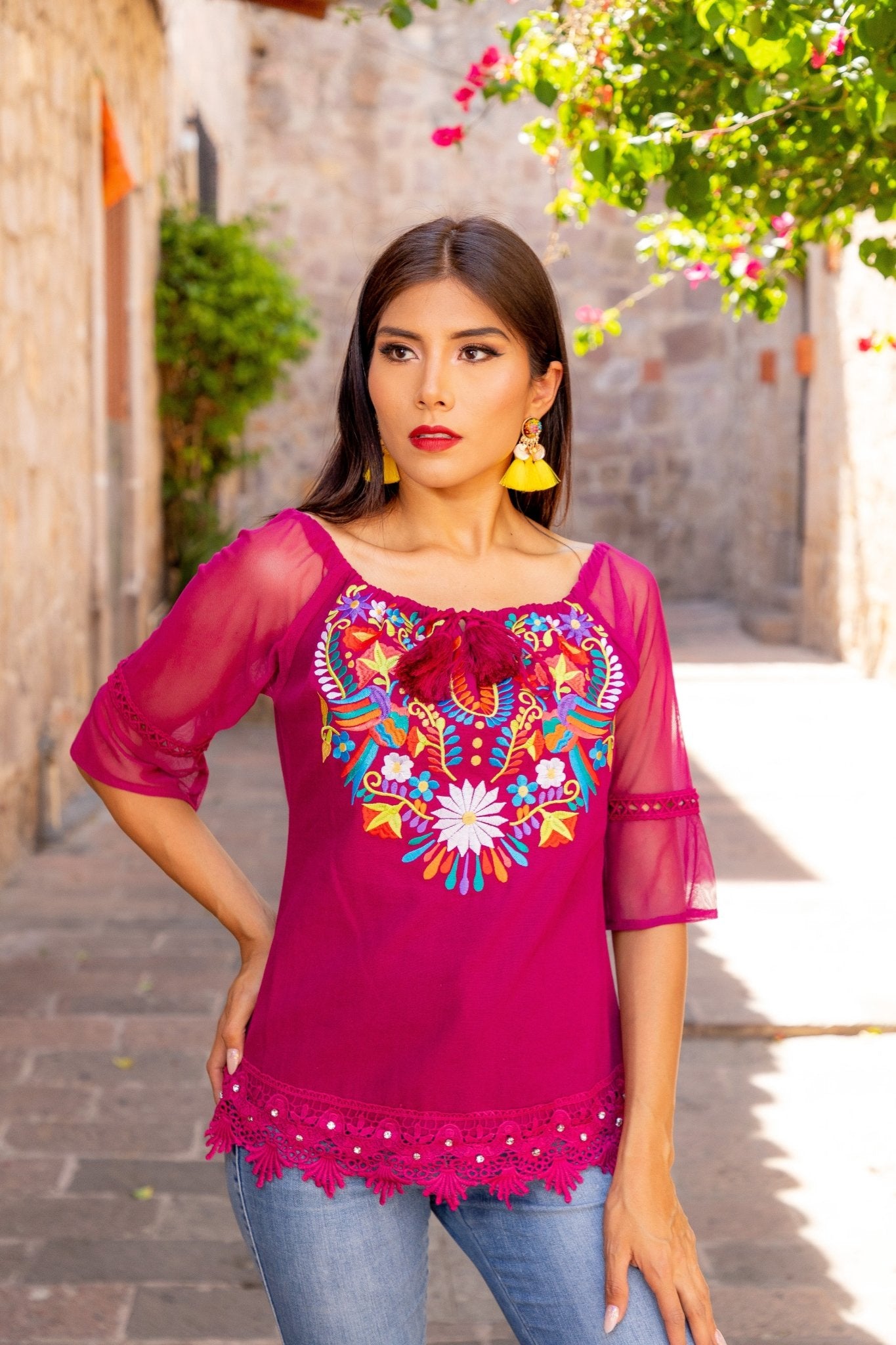 Mexican Embroidered Off the Shoulder Mesh Sleeve Blouse. Esther Mesh Blouse - Solei Store