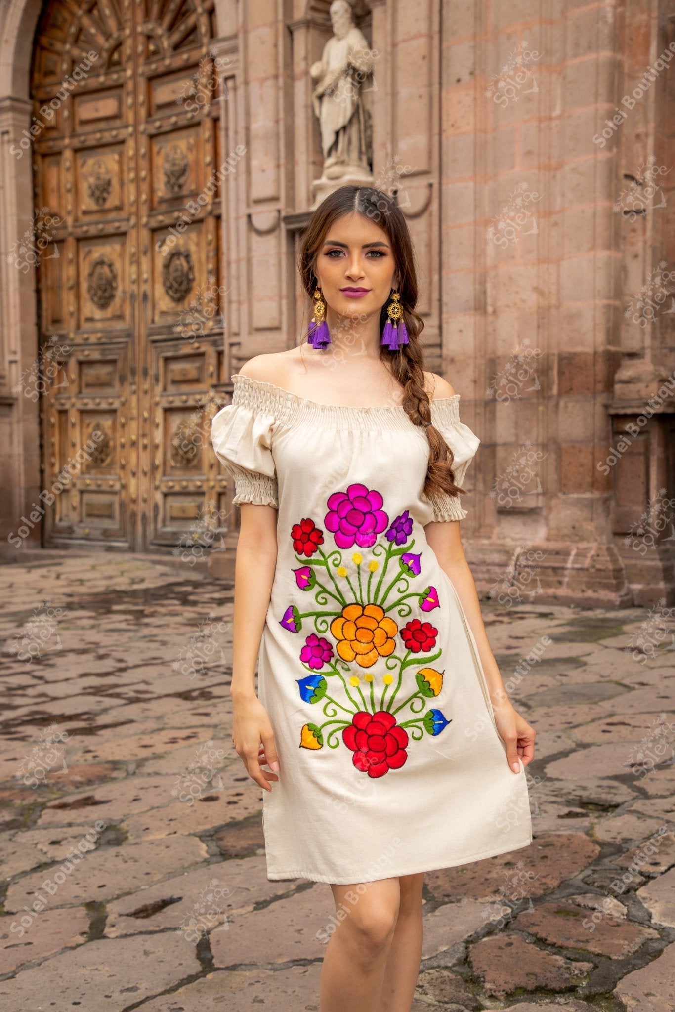 Mexican Embroidered Off the Shoulder Monica Dress - Solei Store