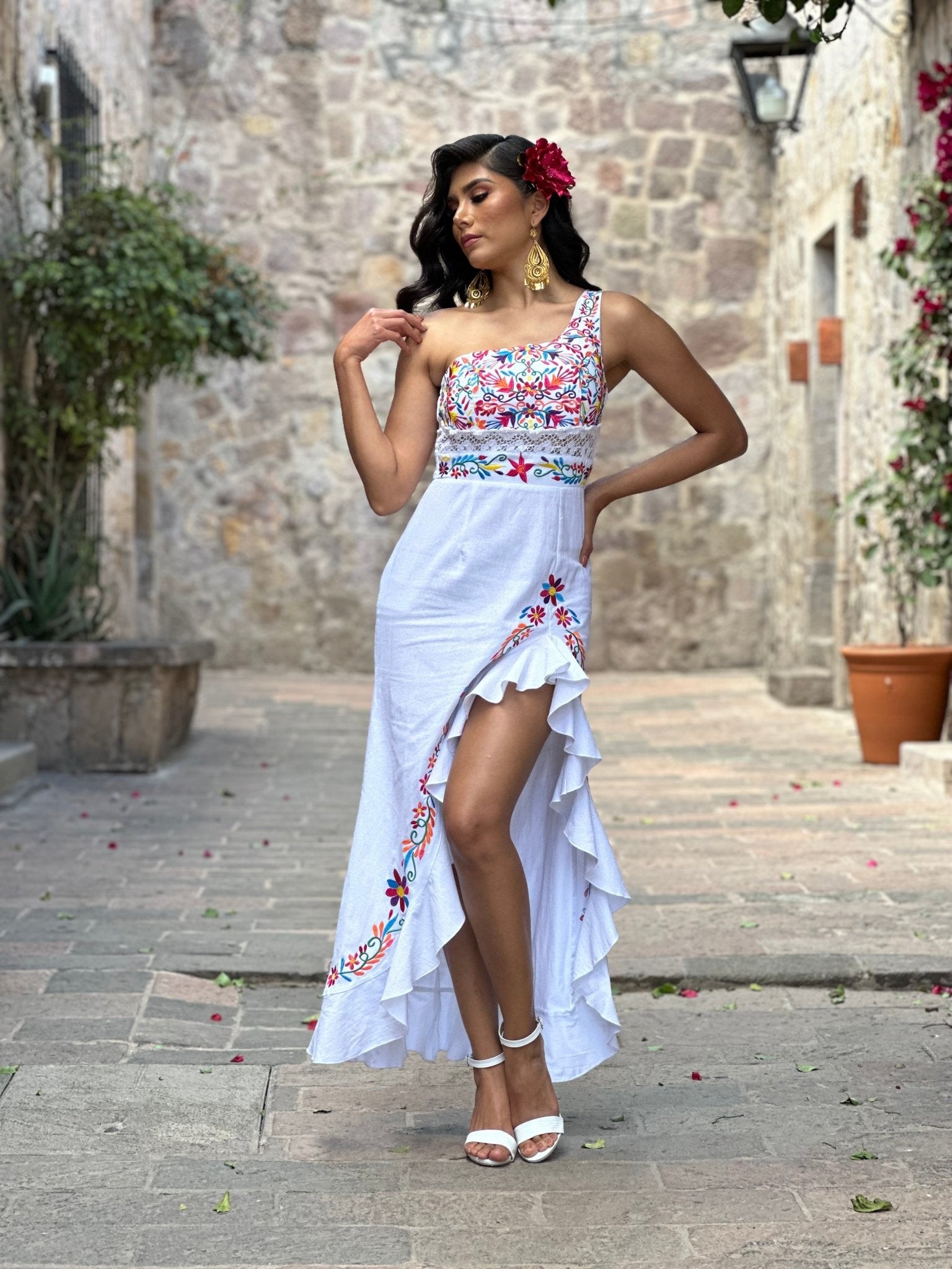 Mexican Embroidered One Shoulder Dress. Tamara Dress. - Solei Store