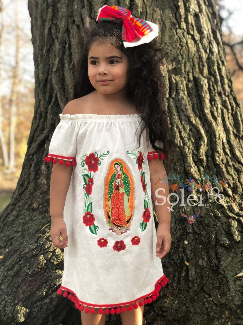 Mexican Embroidered Our Lady of Guadalupe Girls Dress - Solei Store