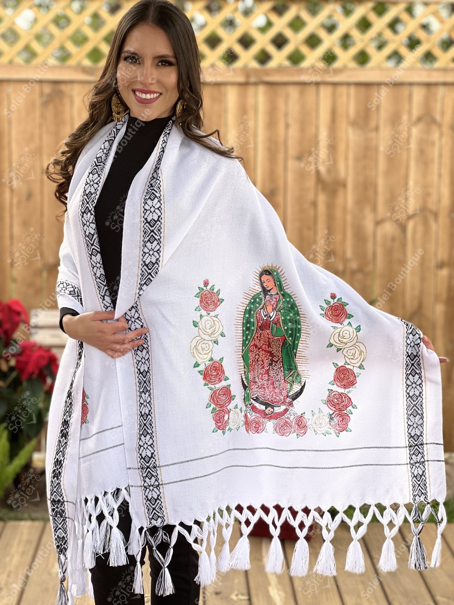 Mexican Embroidered Shawl. Virgin Mary Embroidered Shawl. Rebozo Virgen. - Solei Store