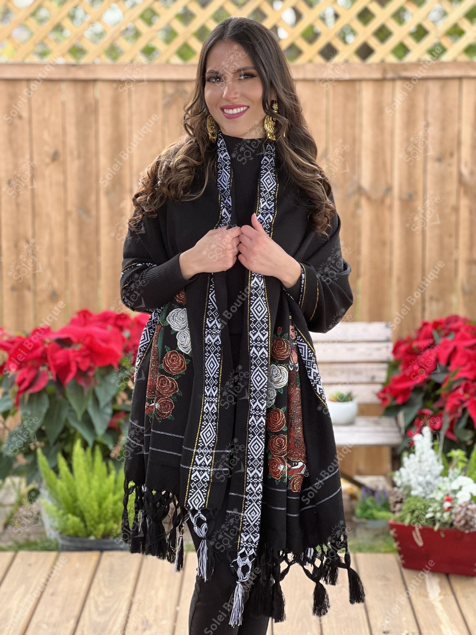 Mexican Embroidered Shawl. Virgin Mary Embroidered Shawl. Rebozo Virgen. - Solei Store