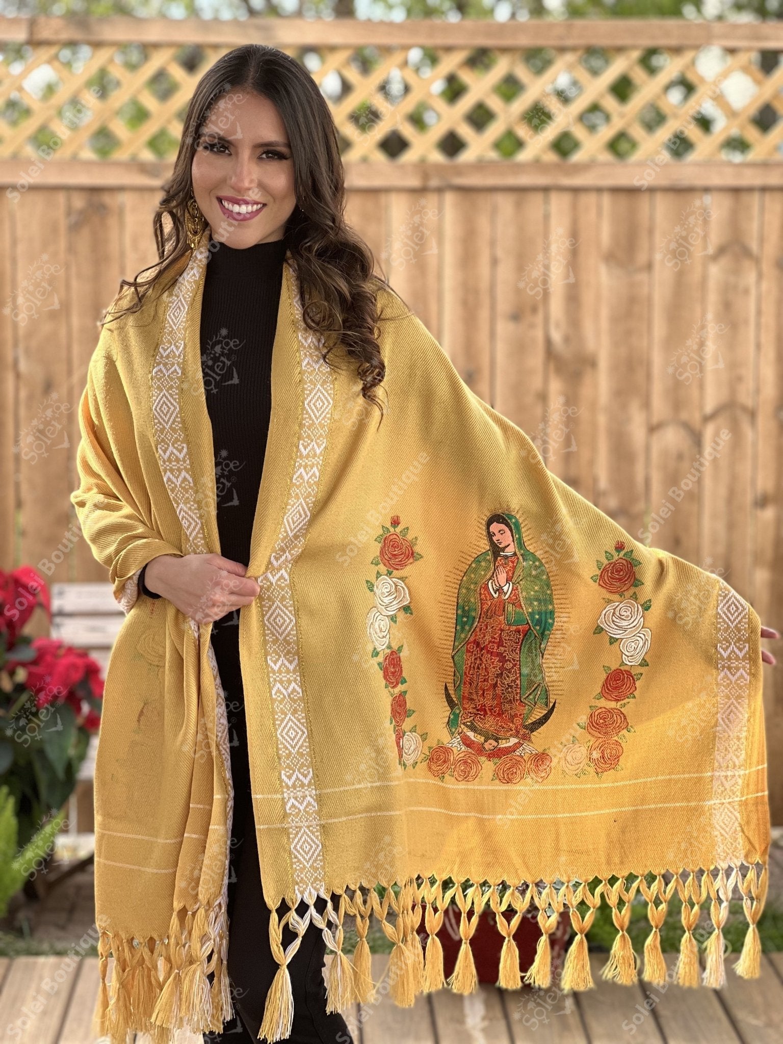 Mexican Embroidered Shawl. Virgin Mary Embroidered Shawl. Rebozo Virgen. - Solei Store