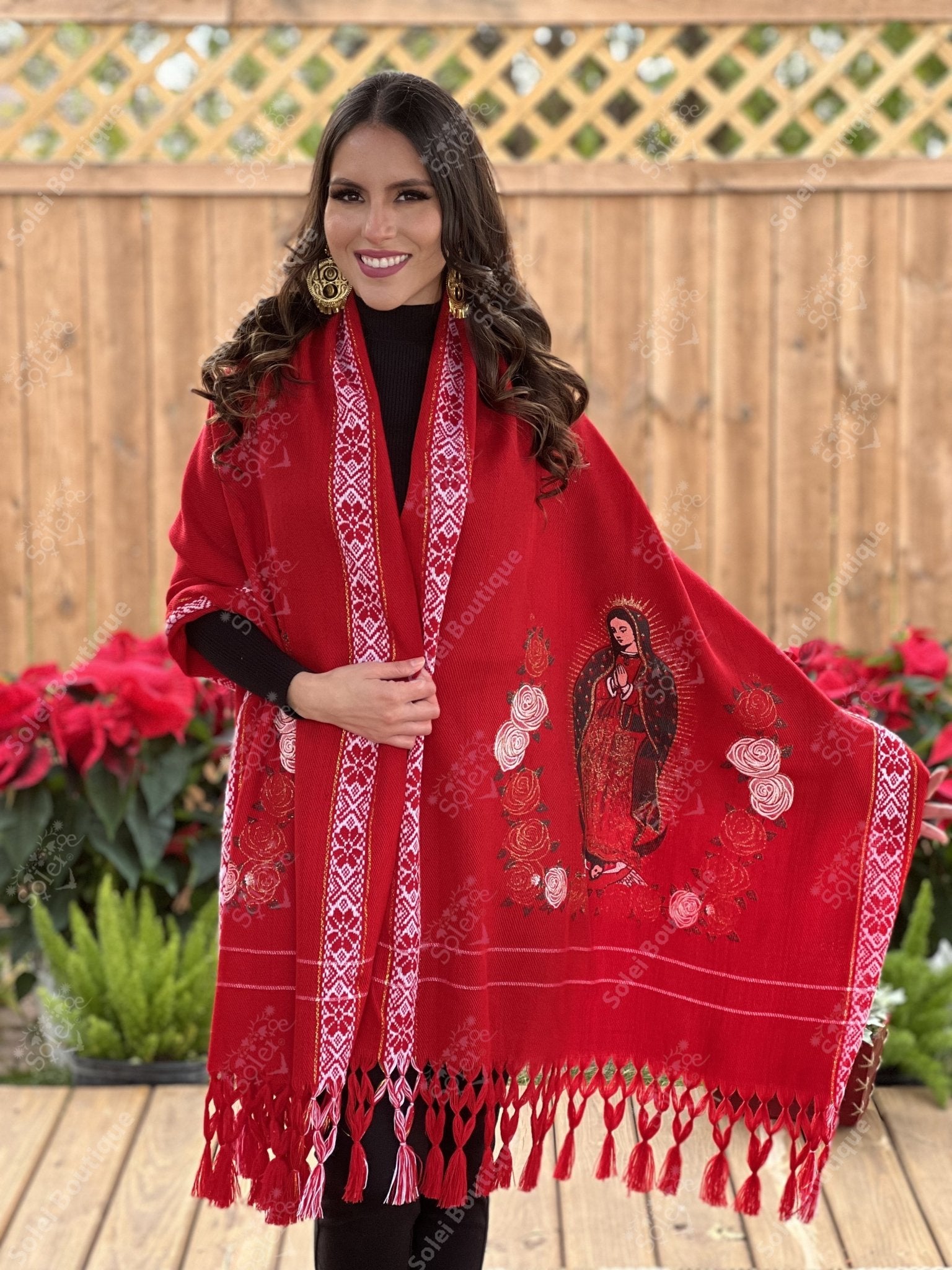 Mexican Embroidered Shawl. Virgin Mary Embroidered Shawl. Rebozo Virgen. - Solei Store