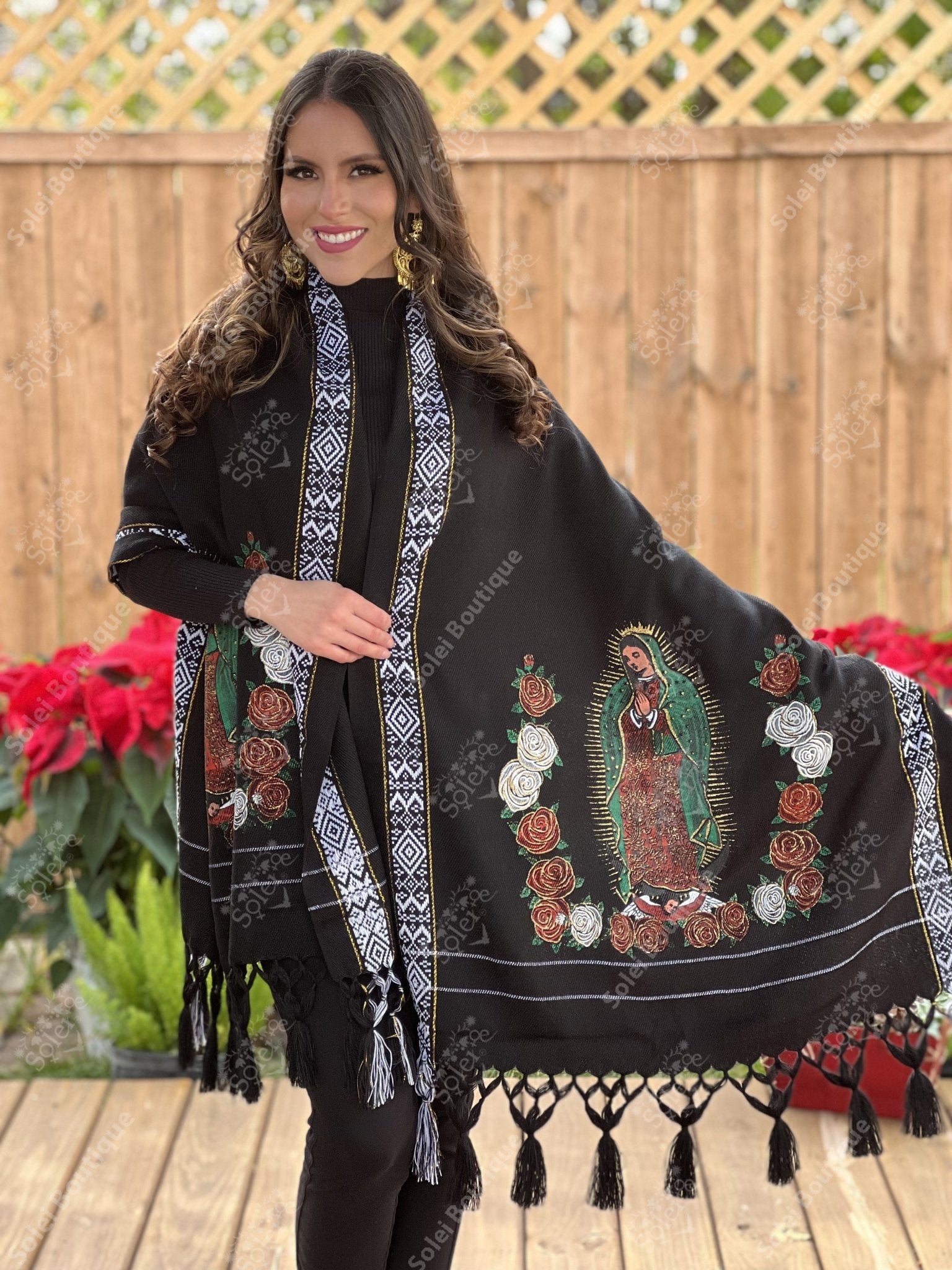 Mexican Embroidered Shawl. Virgin Mary Embroidered Shawl. Rebozo Virgen. - Solei Store