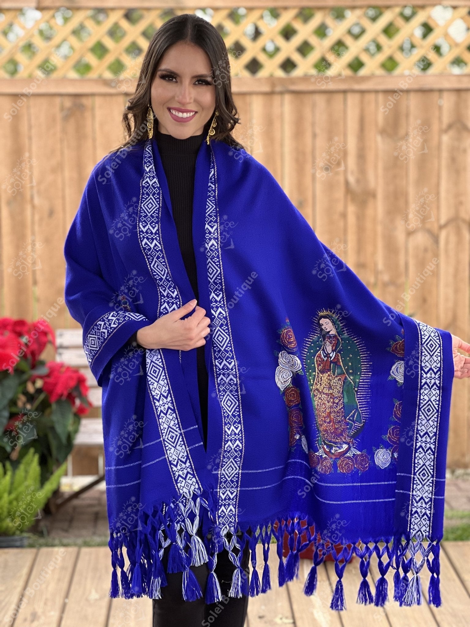 Mexican Embroidered Shawl. Virgin Mary Embroidered Shawl. Rebozo Virgen. - Solei Store