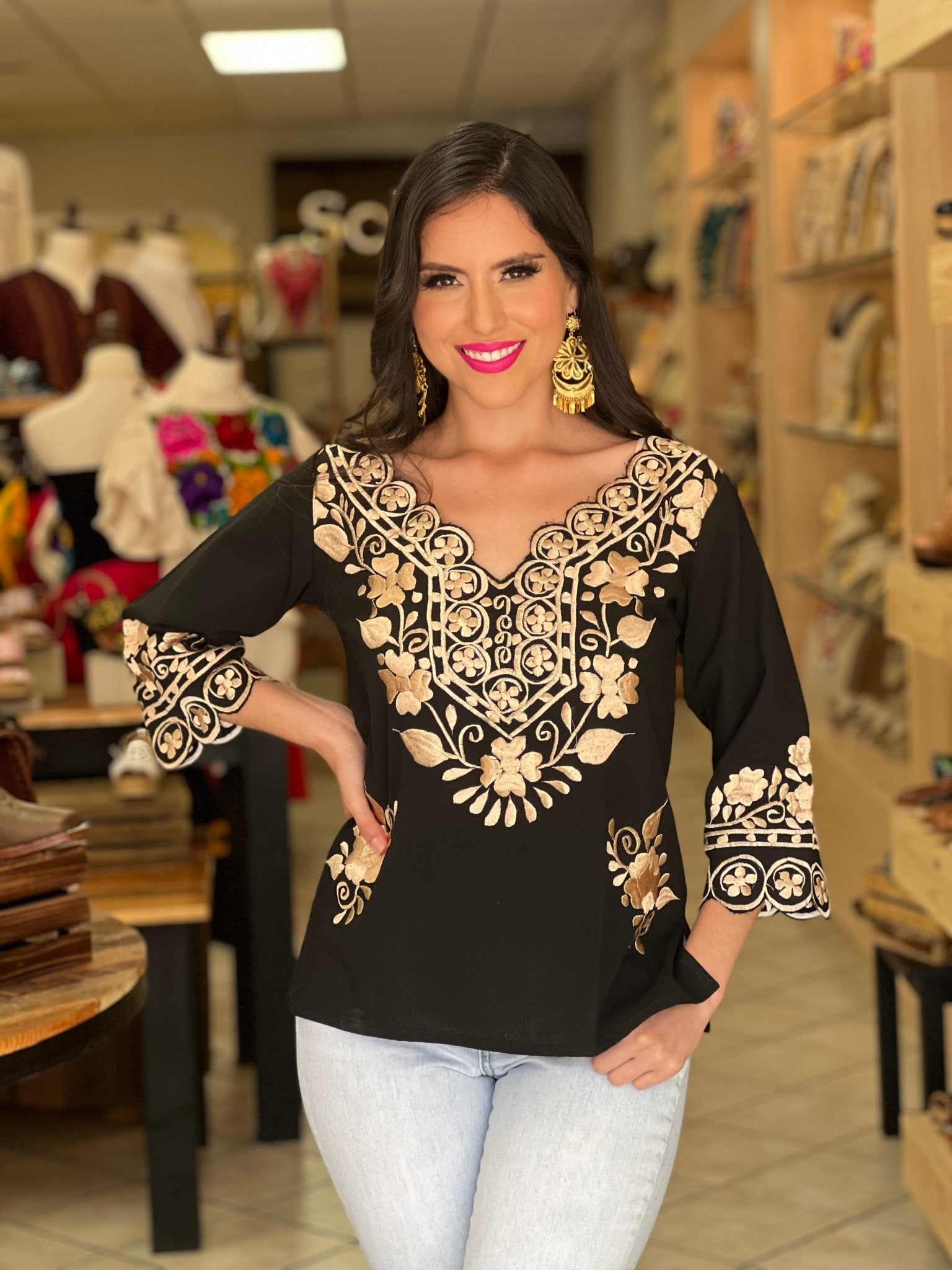 Mexican Embroidered V Neck Blouse. Ondas Blouse. - Solei Store