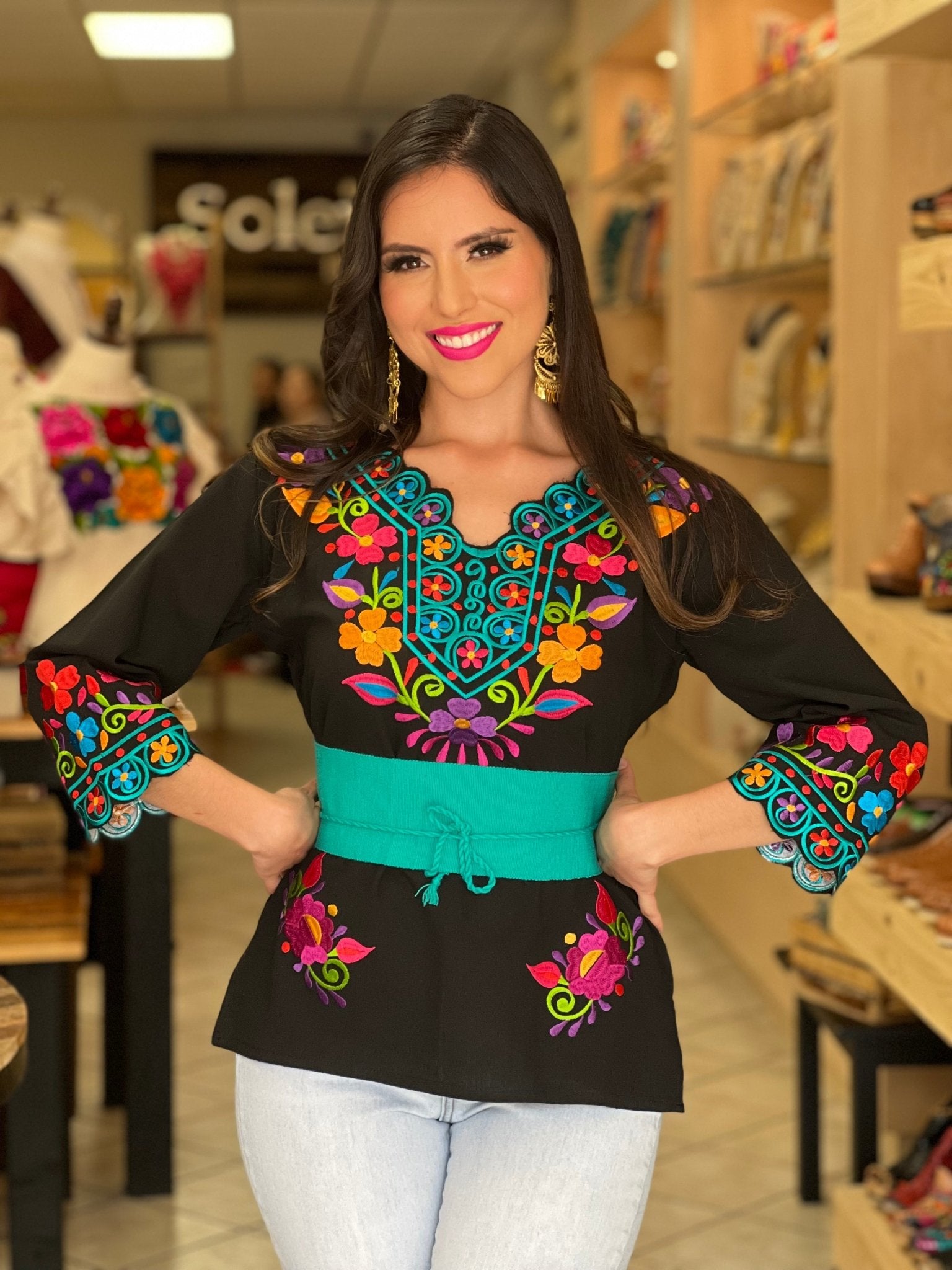 Mexican Embroidered V Neck Blouse. Ondas Blouse. - Solei Store