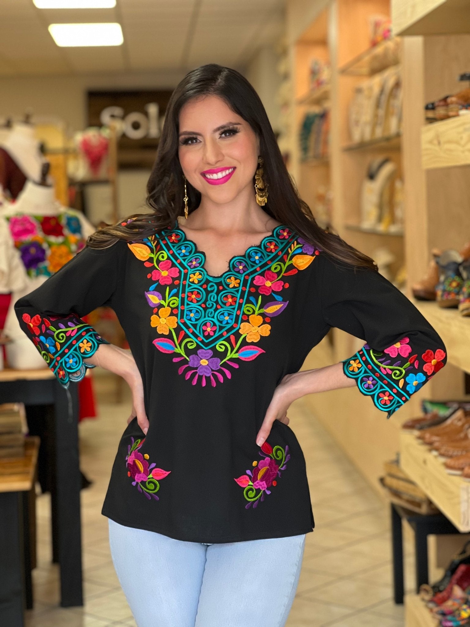 Mexican Embroidered V Neck Blouse. Ondas Blouse. - Solei Store