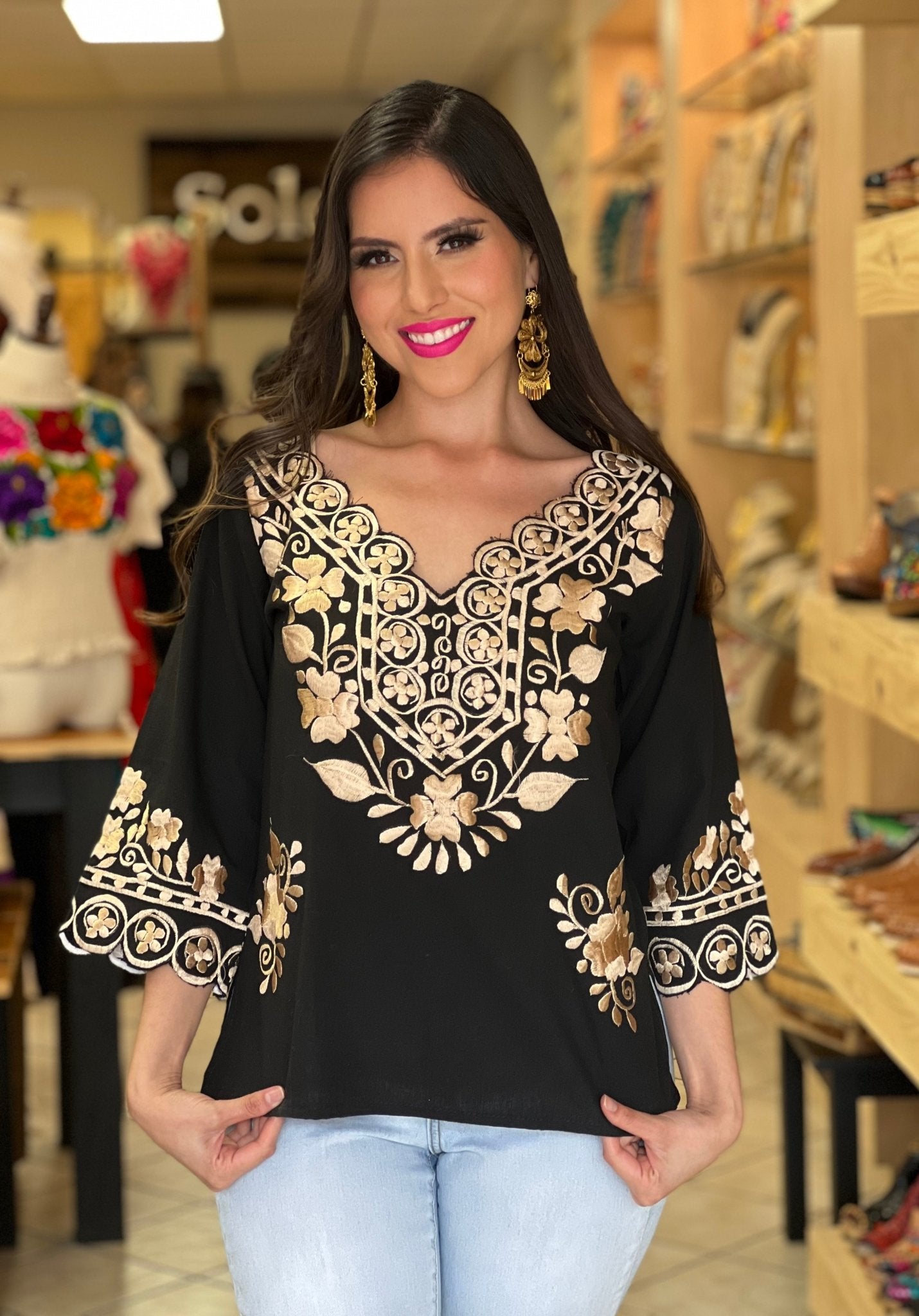 Mexican Embroidered V Neck Blouse. Ondas Blouse. - Solei Store