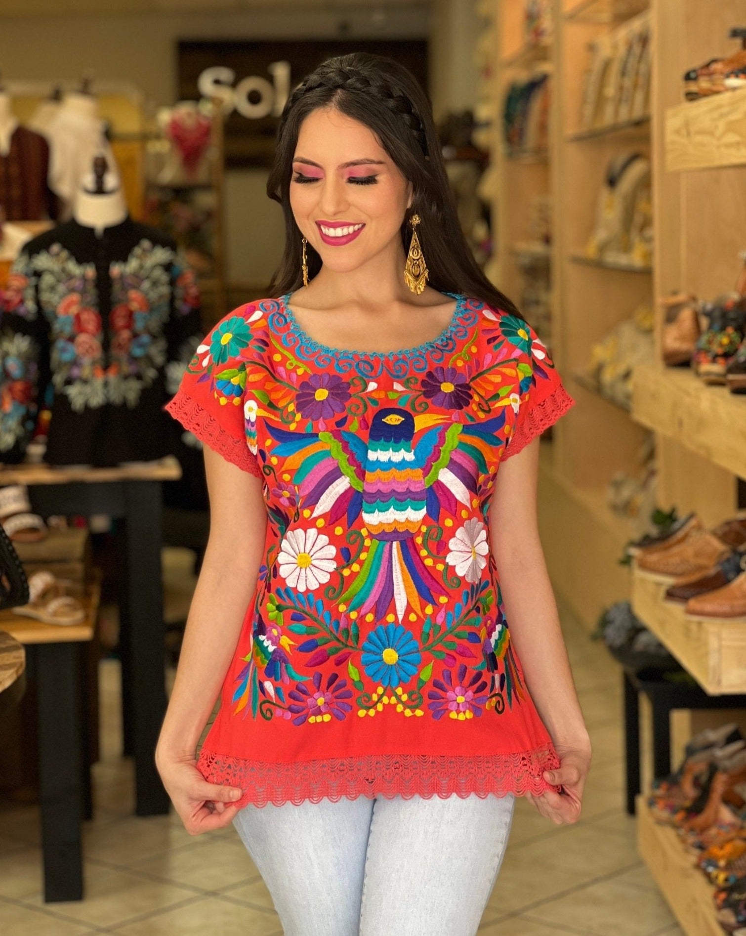 Mexican Ethnic Style Embroidered Bird Blouse. Blusa Ave Otomi. - Solei Store