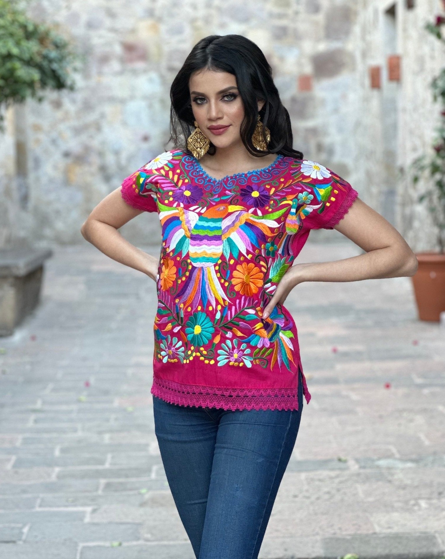 Mexican Ethnic Style Embroidered Bird Blouse. Blusa Ave Otomi. - Solei Store