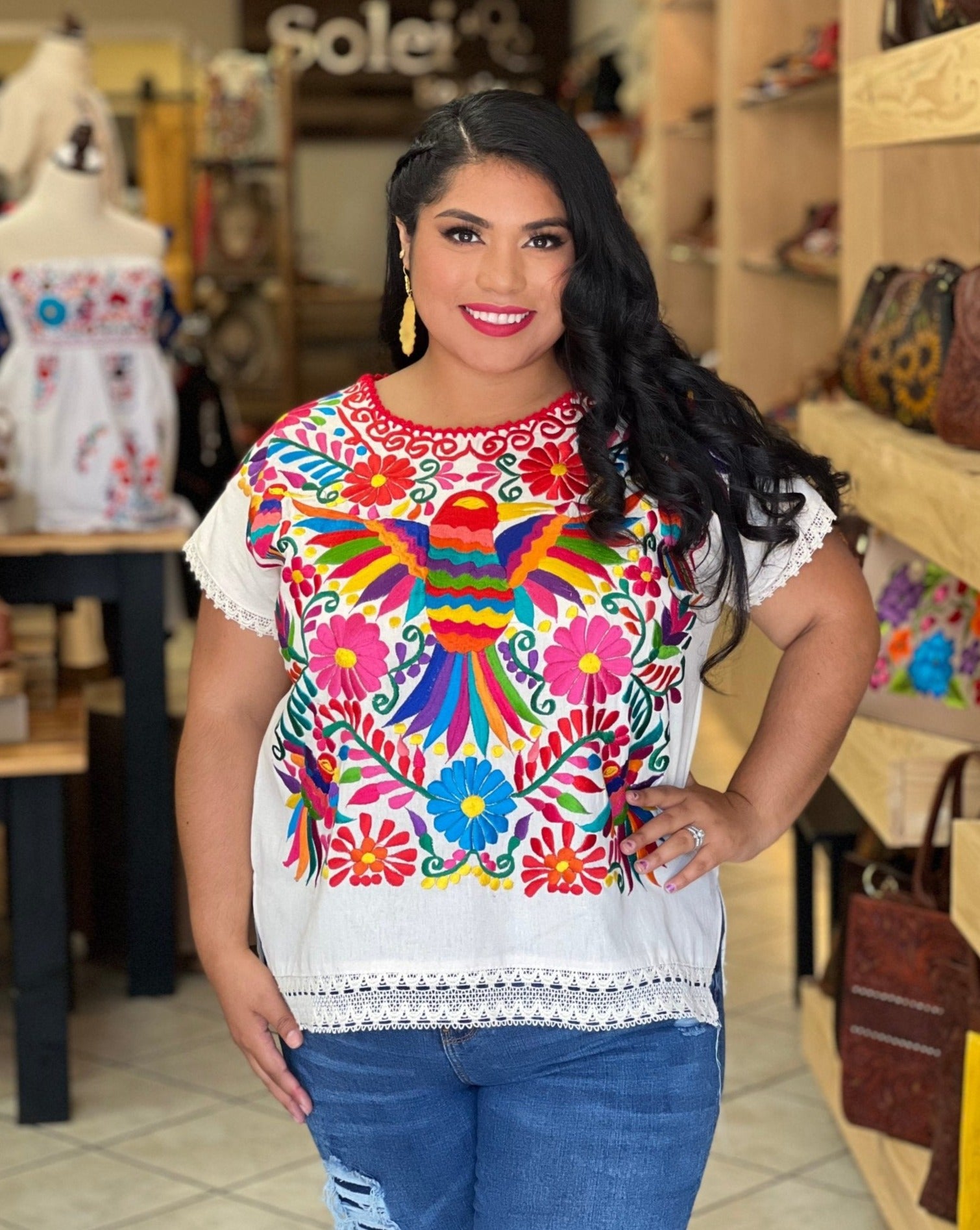 Mexican Ethnic Style Embroidered Bird Blouse. Blusa Ave Otomi. - Solei Store