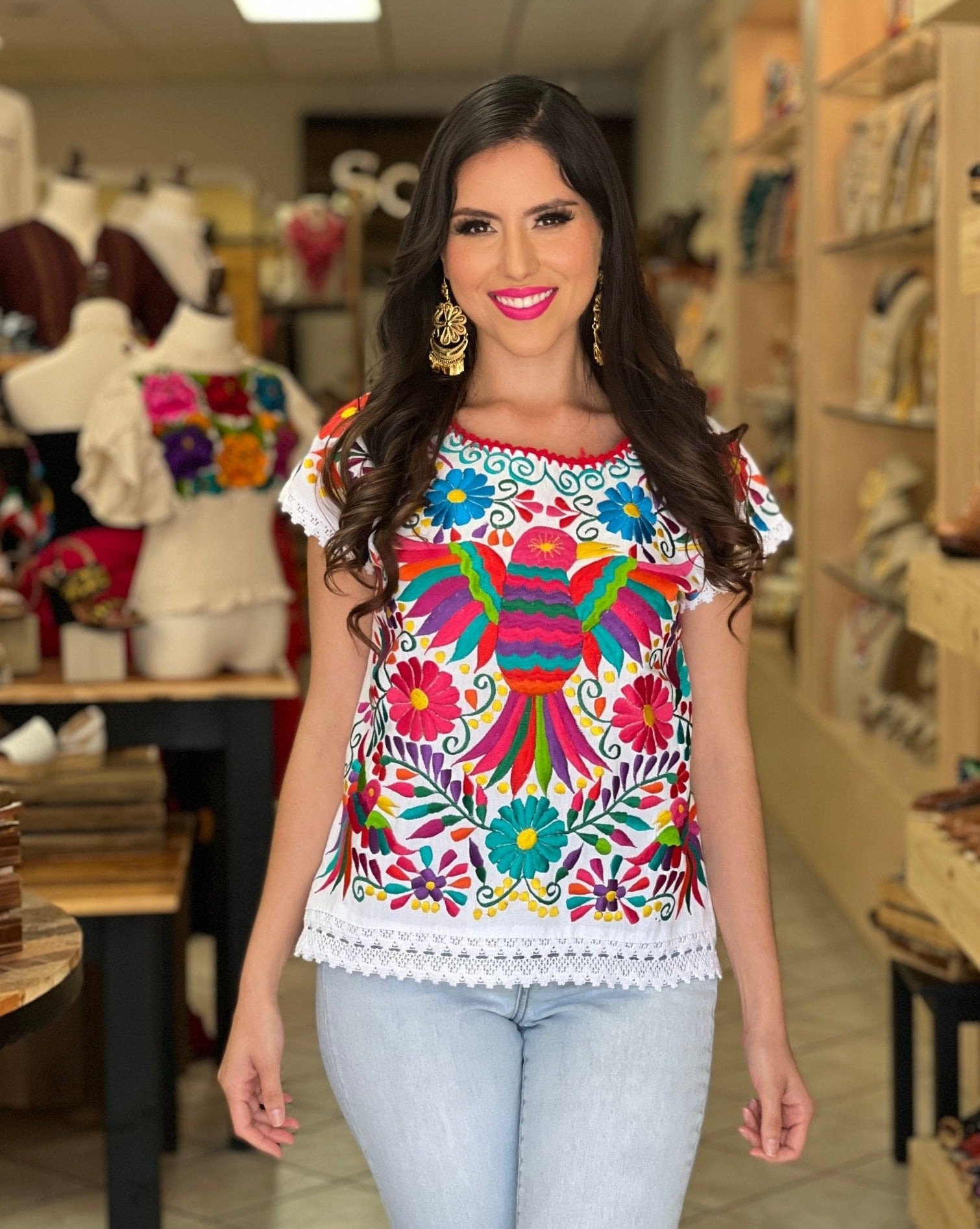 Mexican Ethnic Style Embroidered Bird Blouse. Blusa Ave Otomi. - Solei Store