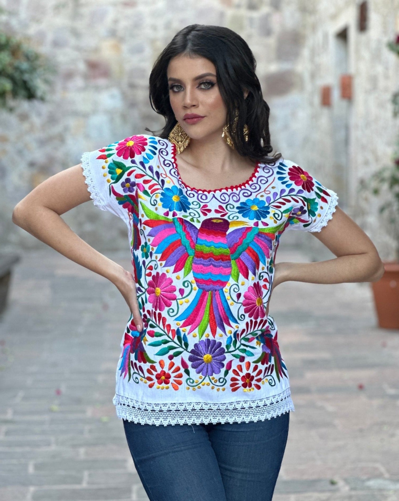 Mexican Ethnic Style Embroidered Bird Blouse. Blusa Ave Otomi. - Solei Store