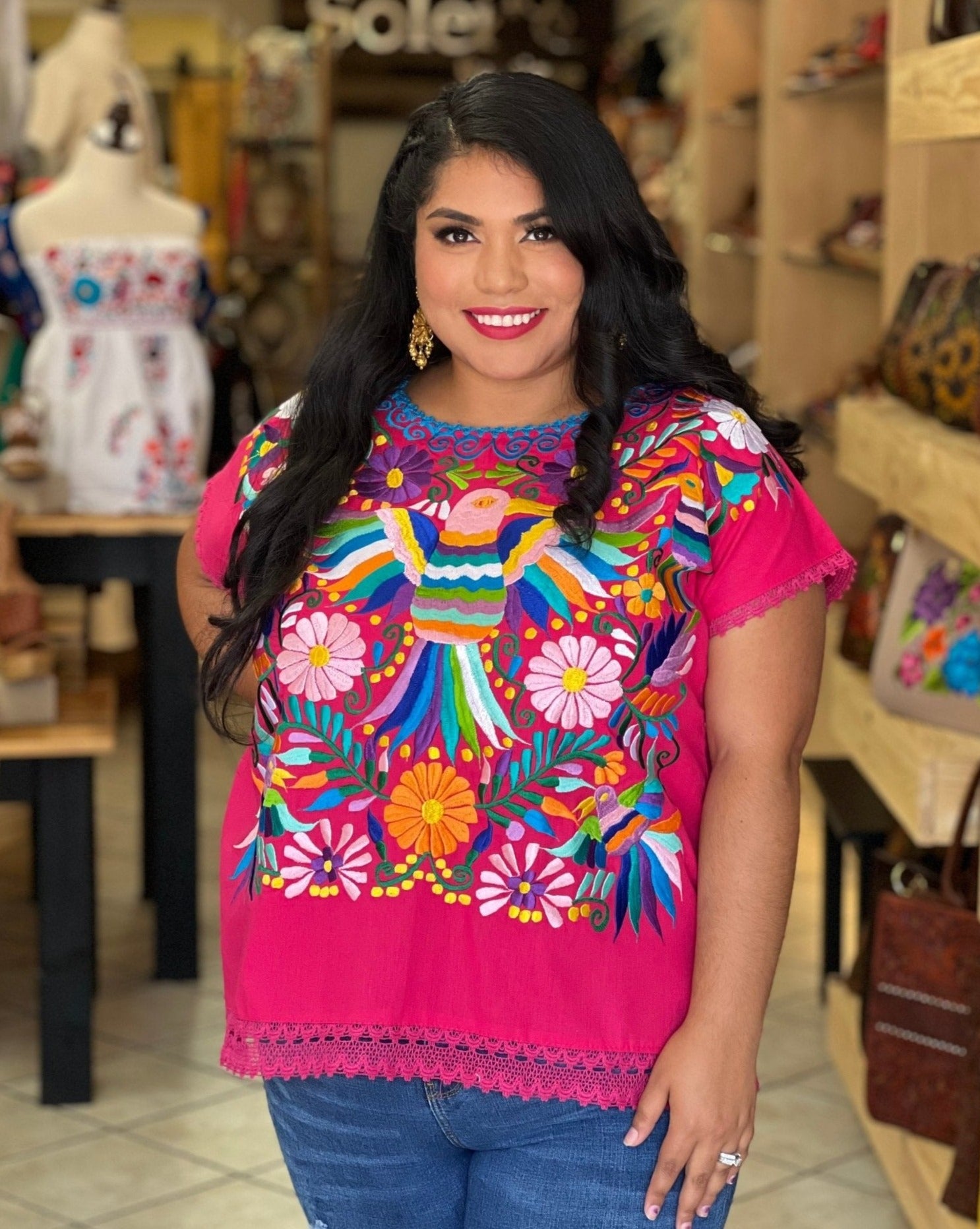 Mexican Ethnic Style Embroidered Bird Blouse. Blusa Ave Otomi. - Solei Store