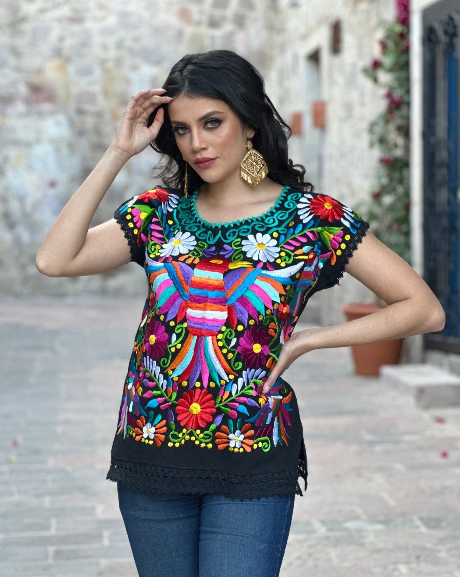 Mexican Ethnic Style Embroidered Bird Blouse. Blusa Ave Otomi. - Solei Store