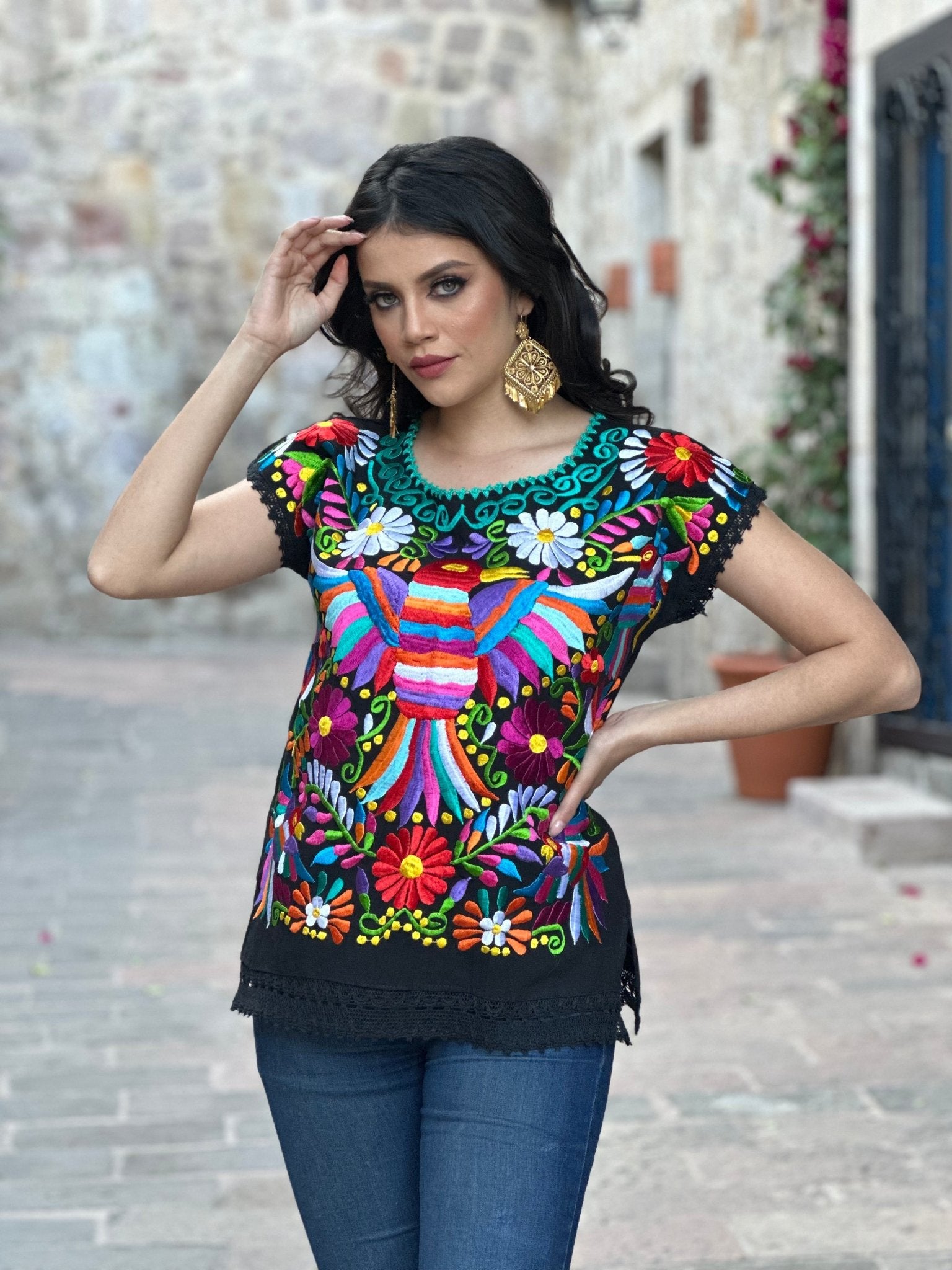 Mexican Ethnic Style Embroidered Bird Blouse. Blusa Ave Otomi. - Solei Store