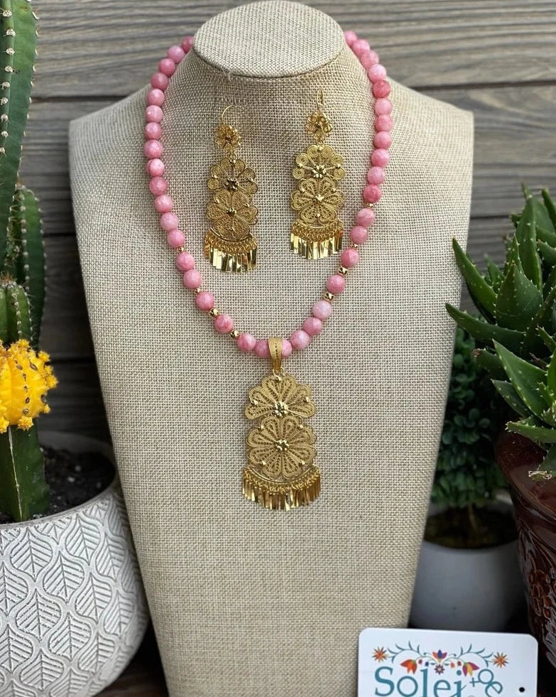 Mexican Filigree Earrings and Necklace. Set Margarita Abanico. - Solei Store