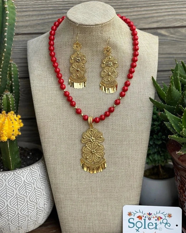 Mexican Filigree Earrings and Necklace. Set Margarita Abanico. - Solei Store