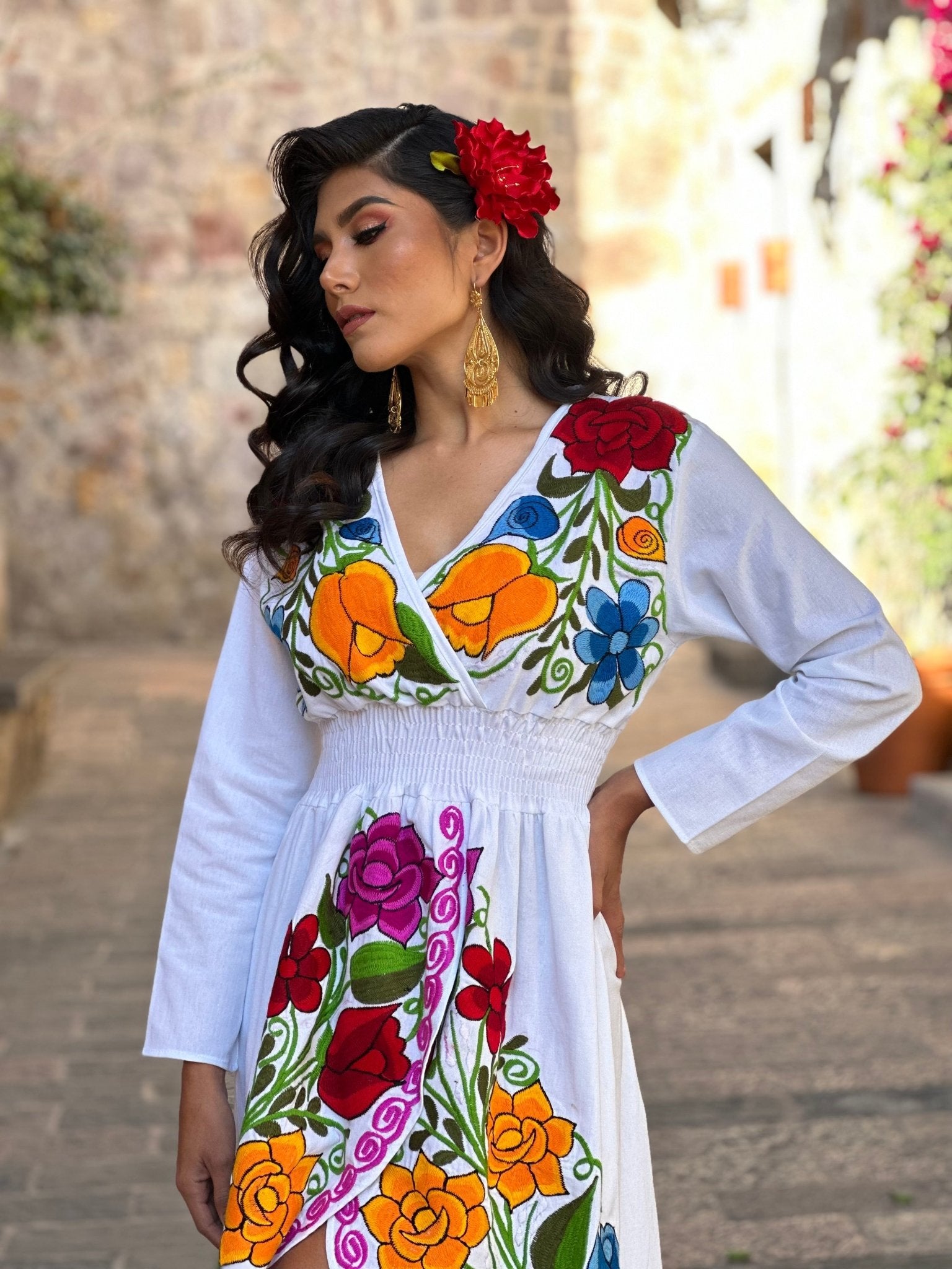 Mexican Floral Asymmetrical Dress in White with multicolor embroidery.