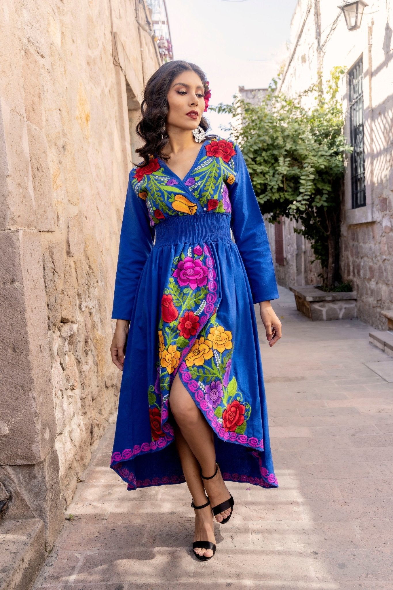 Mexican Floral Asymmetrical Dress in Royal Blue with multicolor embroidery.