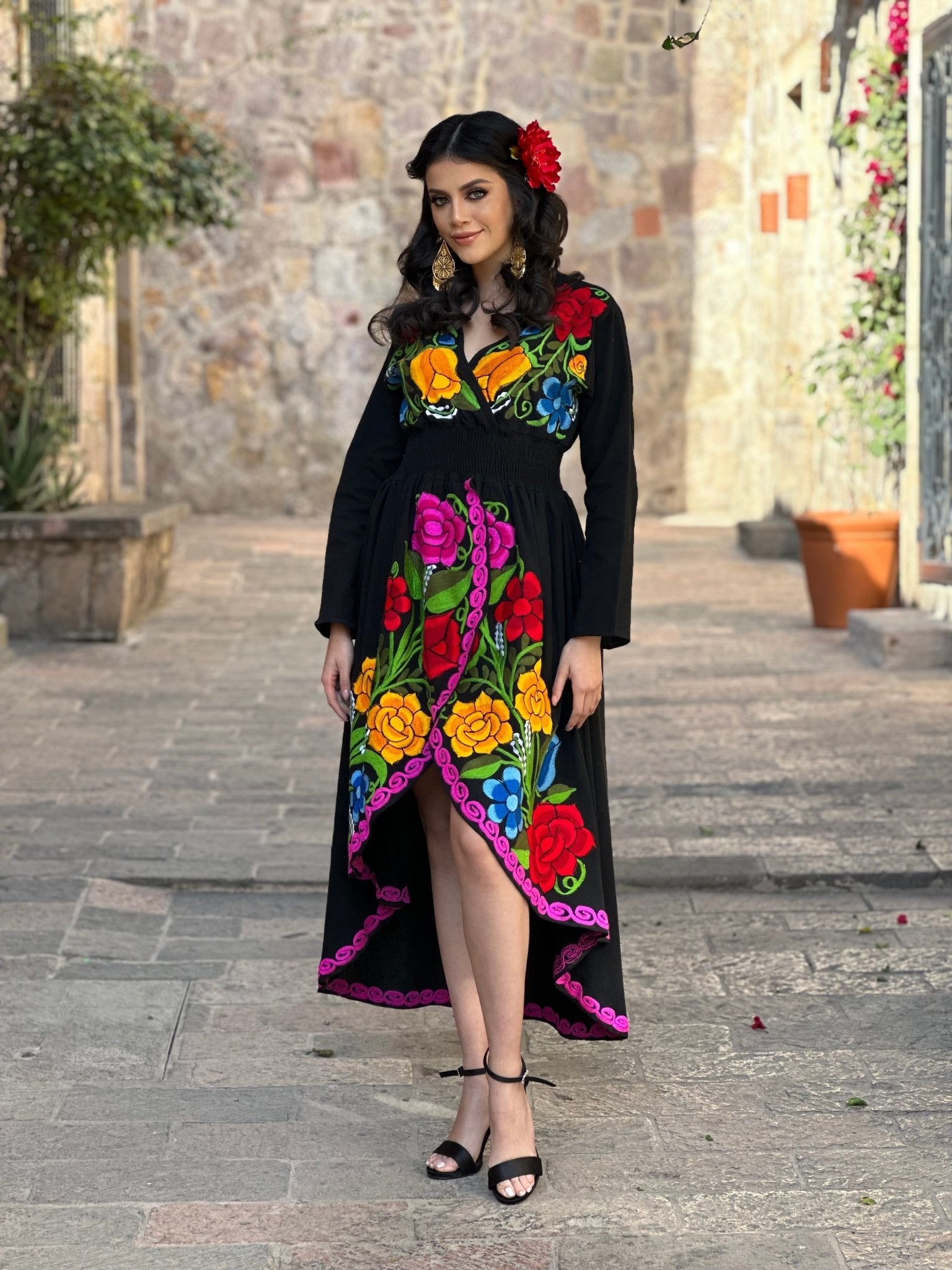 Mexican Floral Asymmetrical Dress in Black with multicolor embroidery.