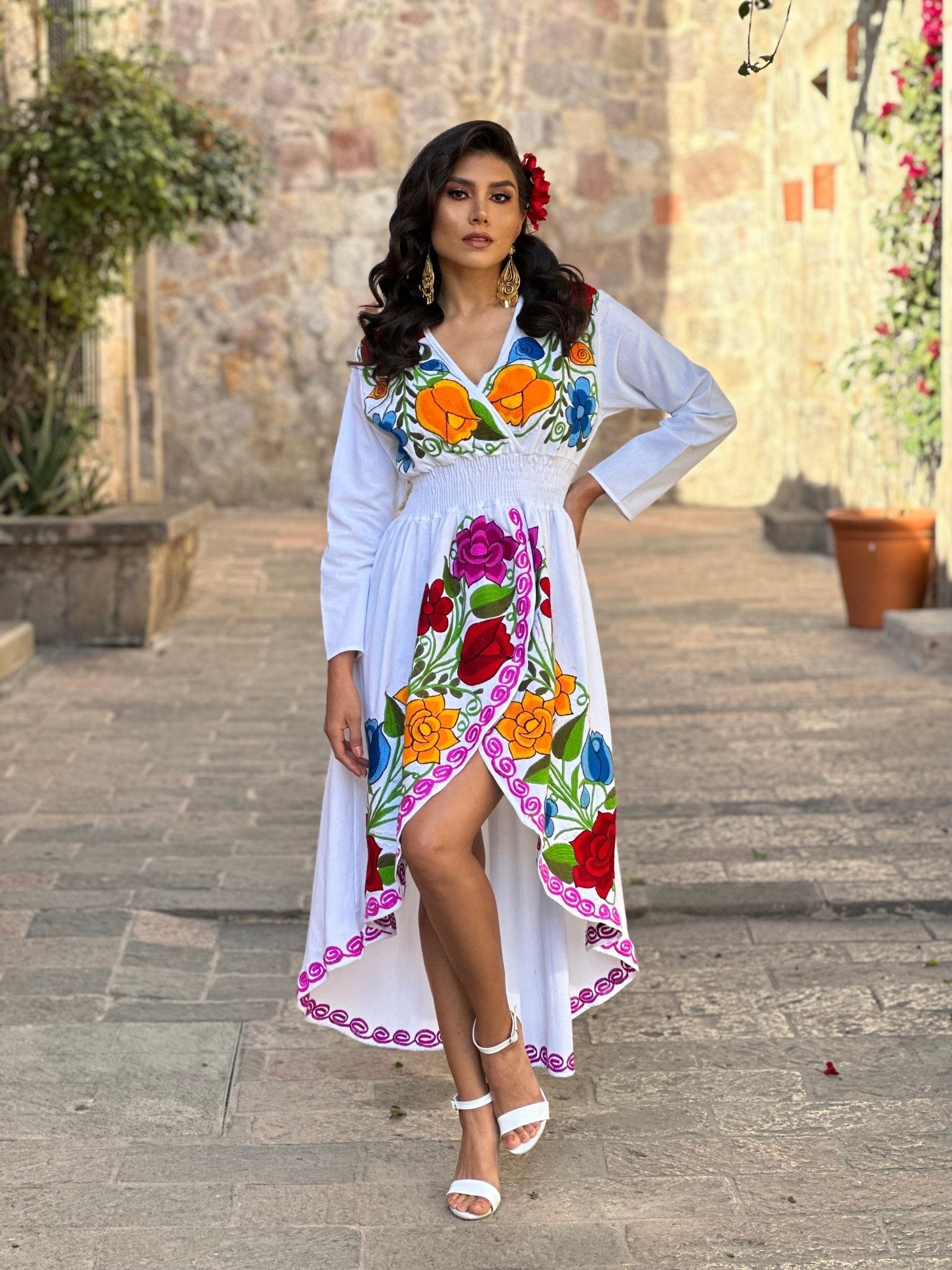 Mexican Floral Asymmetrical Dress in White with multicolor embroidery.