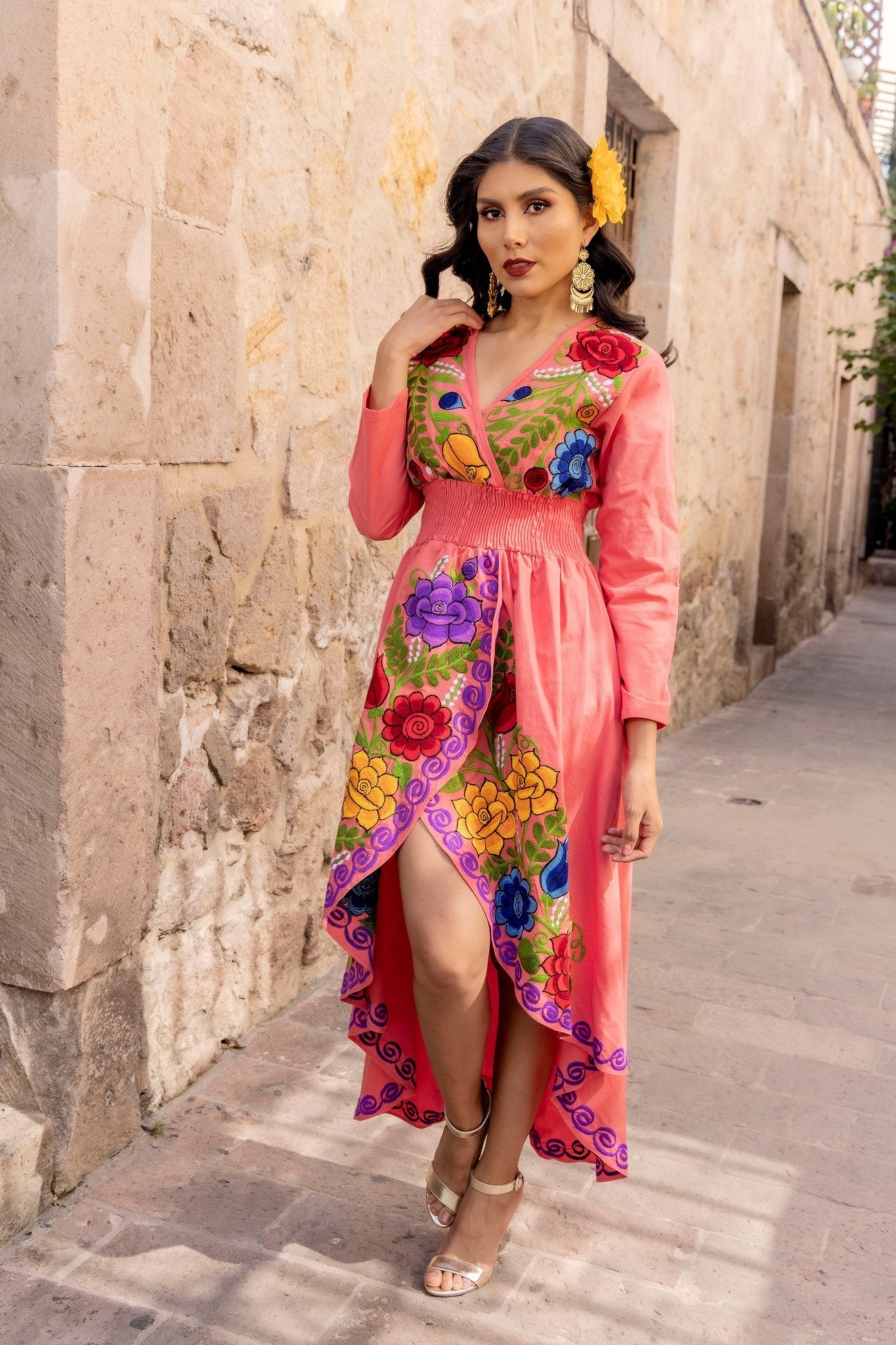 Mexican Floral Asymmetrical Dress in Coral with multicolor embroidery.
