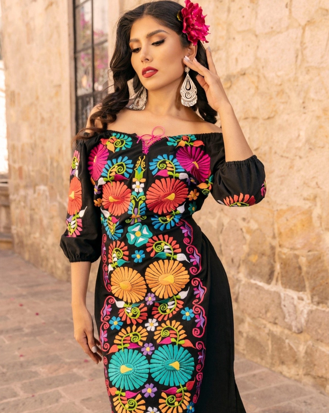 Mexican Floral Beautiful Embroidered Dress in Black