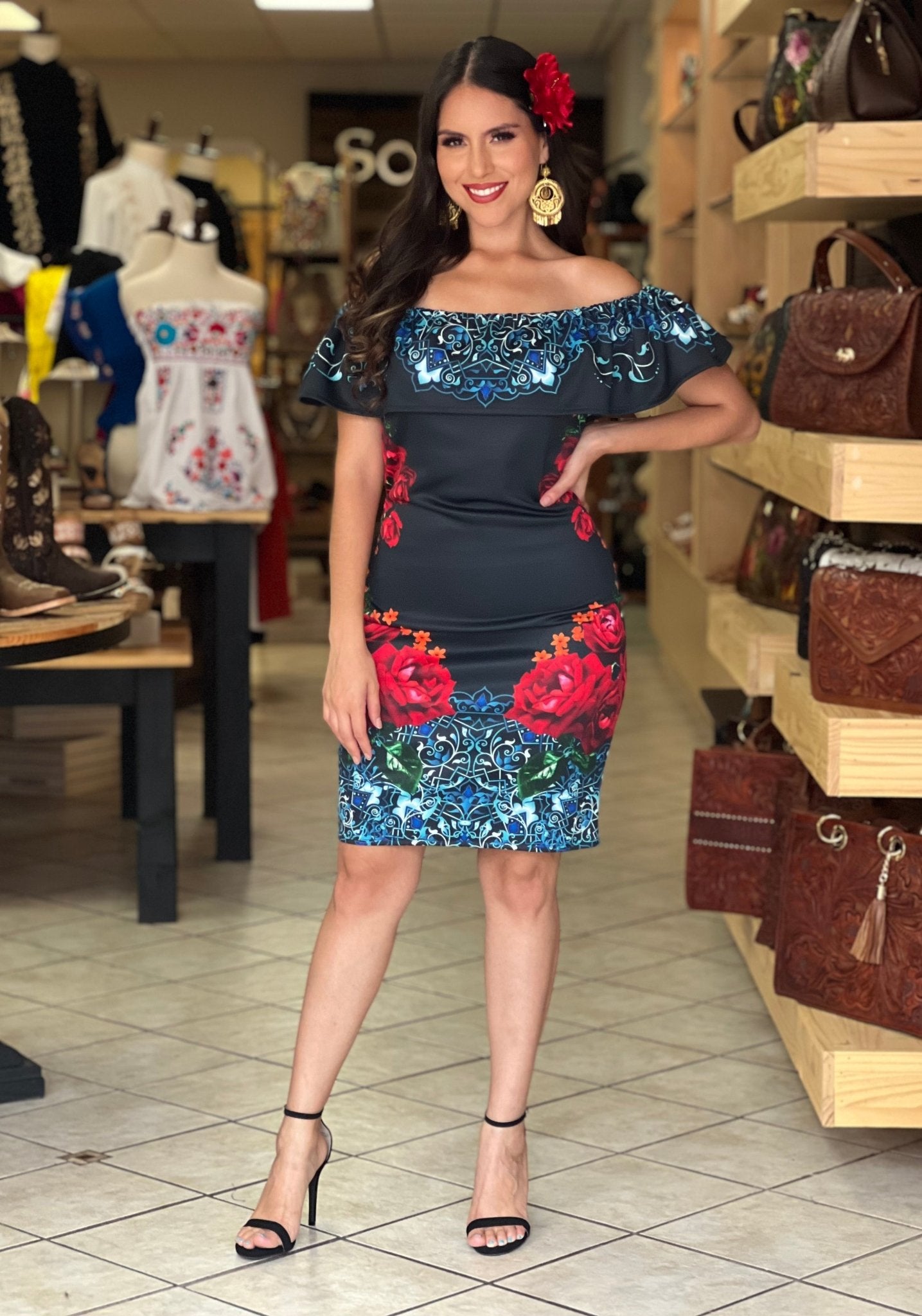 Mexican Floral Dress. Floral Print Dress. Off the Shoulder Dress. Form Fitting Dress. Bianeli dress. - Solei Store