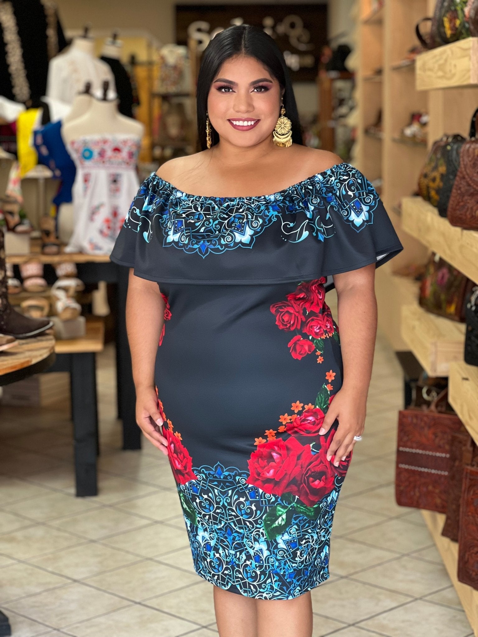 Mexican Floral Dress. Floral Print Dress. Off the Shoulder Dress. Form Fitting Dress. Bianeli dress. - Solei Store