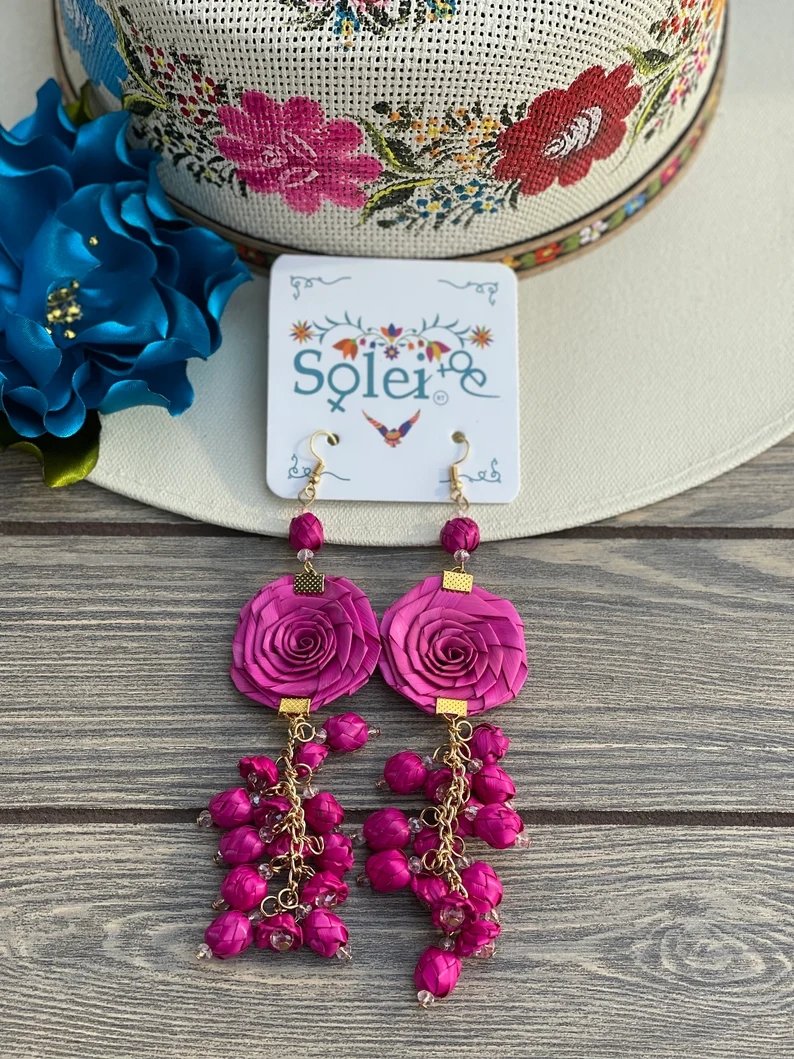 Mexican Floral Earrings. Artisanal Palm Leaf Earrings. Mexican Jewelry. Arete Flor Palma - Solei Store