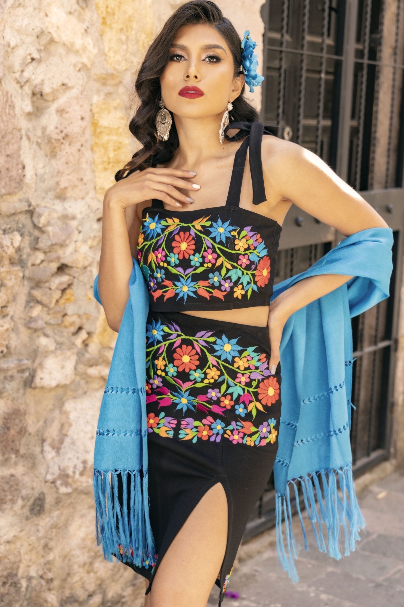 Mexican Floral Embroidered 2 Piece Set in Black with Multicolor Embroidery