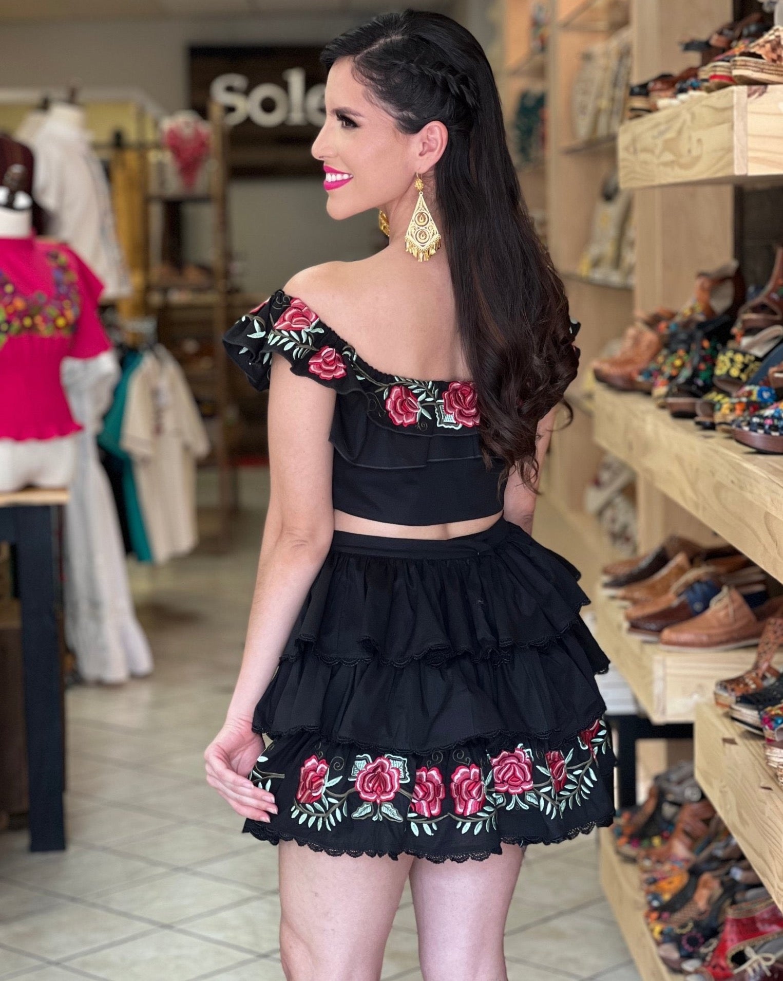 Mexican Floral Embroidered 2 Piece Ruffle Dress. Set Rosa Maria - Solei Store