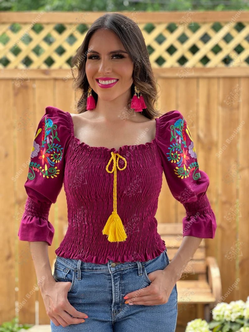 Mexican Floral Embroidered Bell Sleeve Blouse. Blusa Camila. - Solei Store