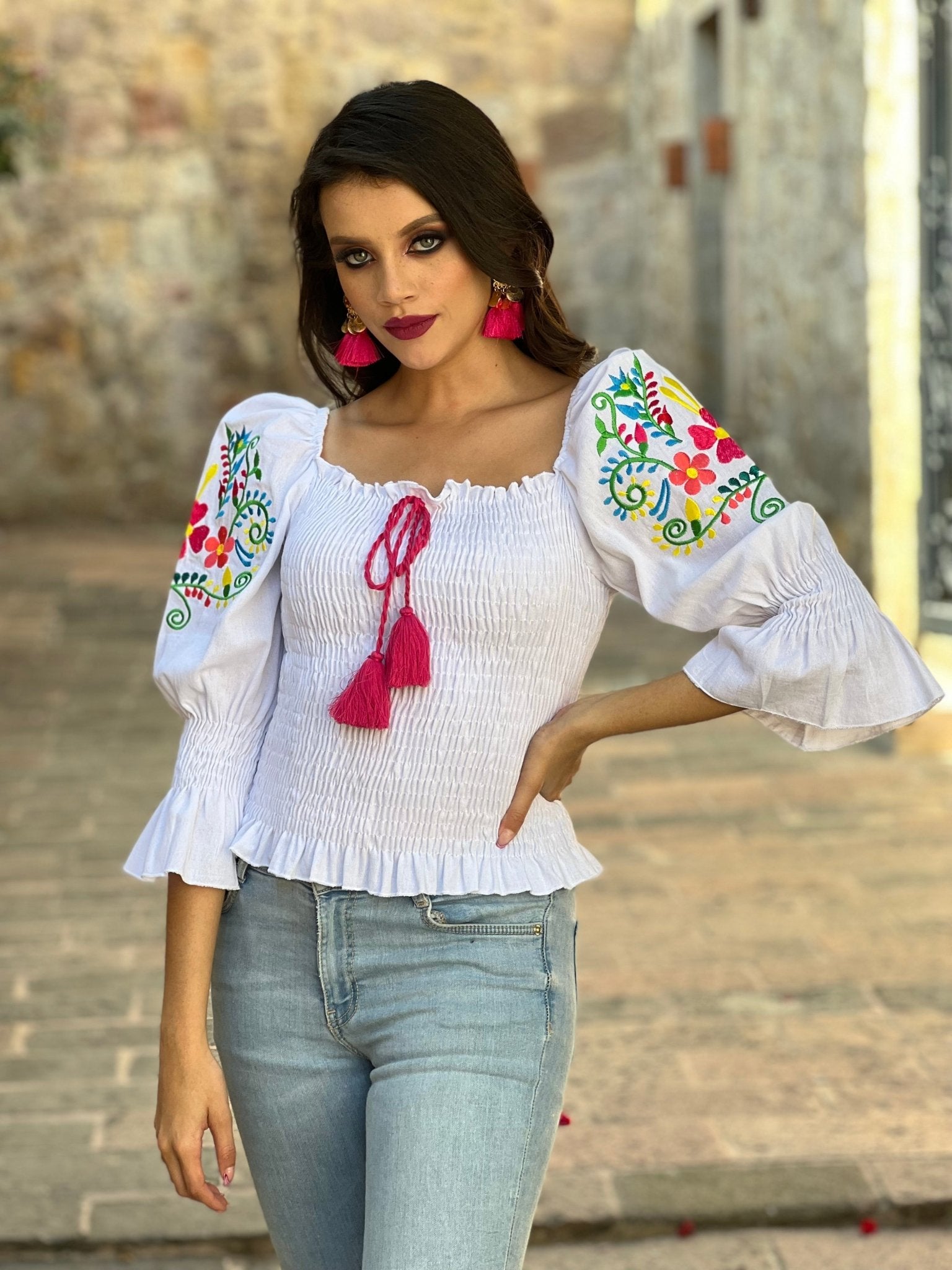 Mexican Floral Embroidered Bell Sleeve Blouse. Blusa Camila. - Solei Store