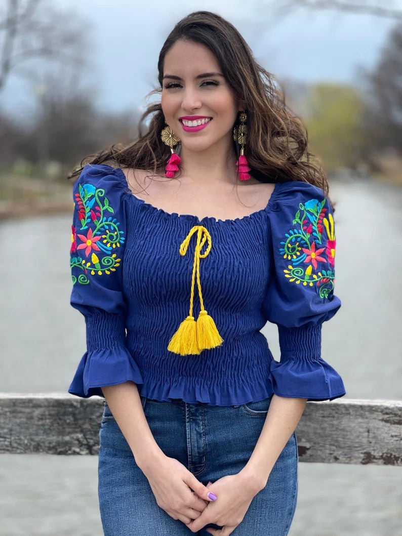 Mexican Floral Embroidered Bell Sleeve Blouse. Blusa Camila. - Solei Store