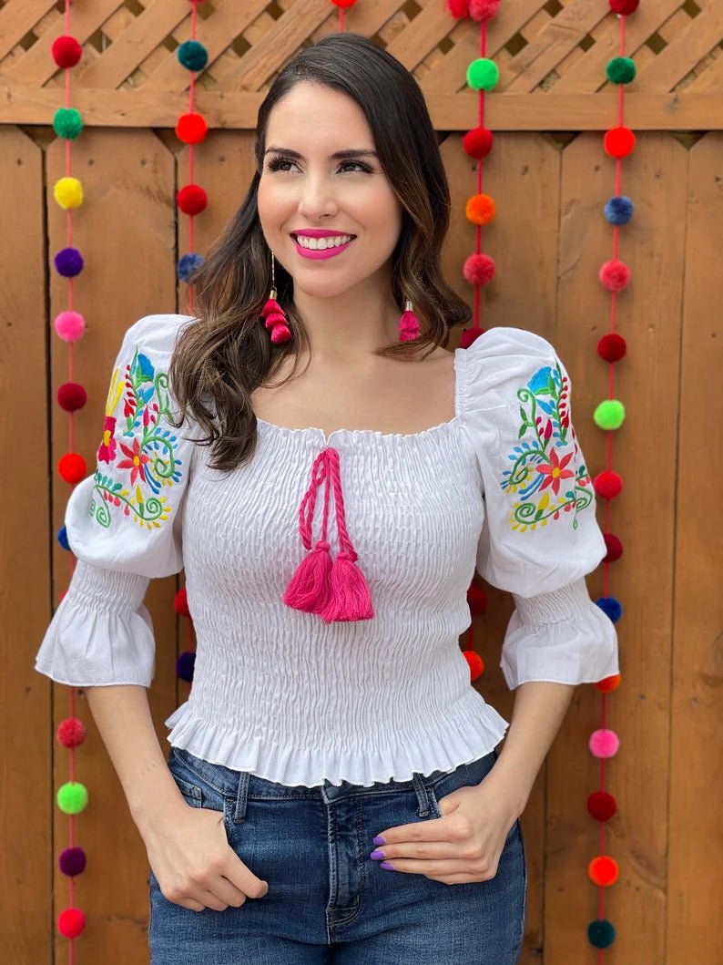 Mexican Floral Embroidered Bell Sleeve Blouse. Blusa Camila. - Solei Store