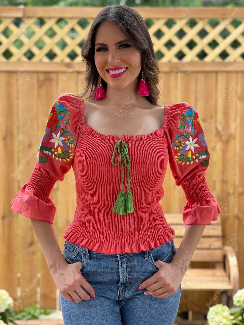 Mexican Floral Embroidered Bell Sleeve Blouse. Blusa Camila. - Solei Store