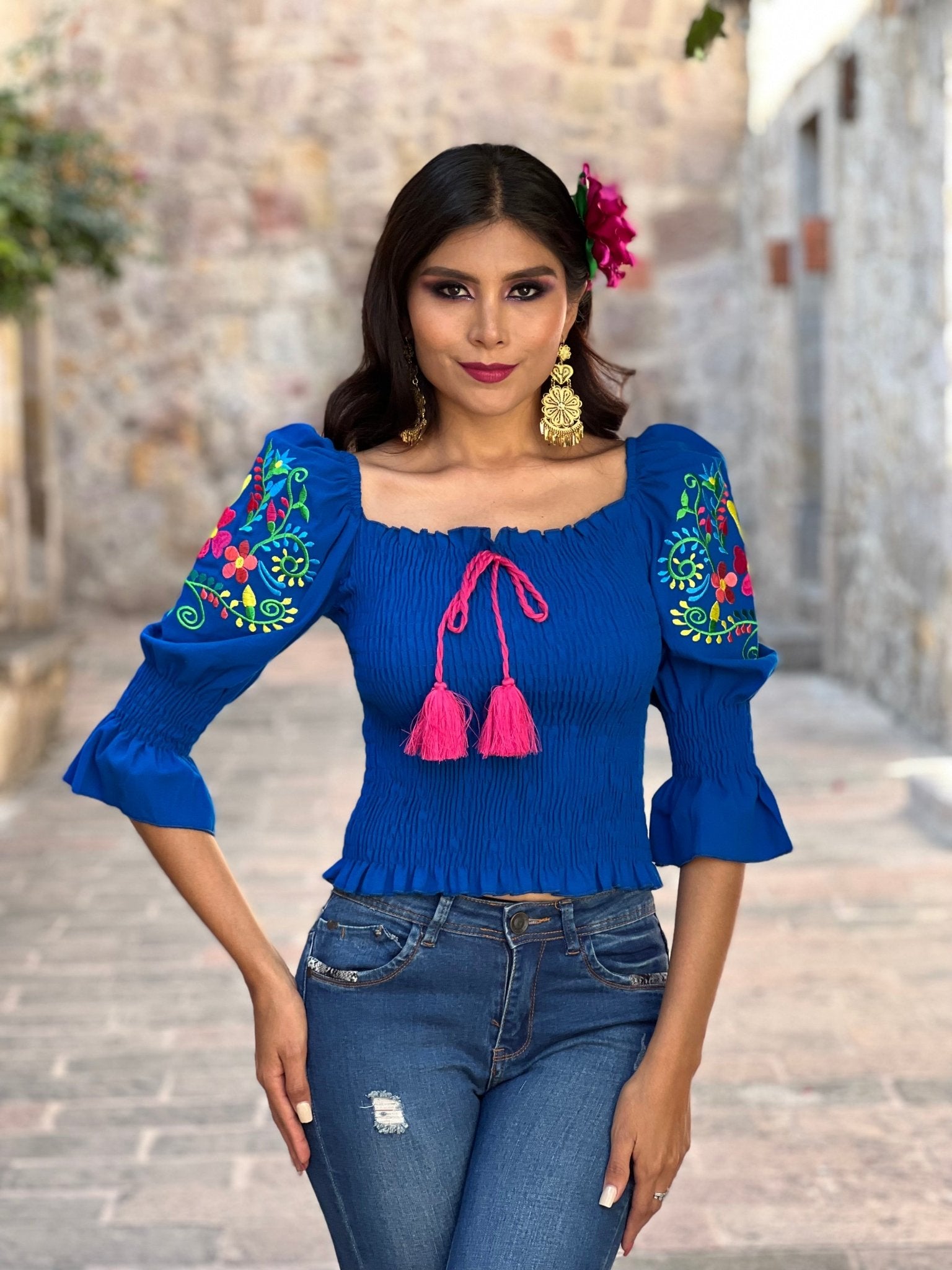 Mexican Floral Embroidered Bell Sleeve Blouse. Blusa Camila. - Solei Store