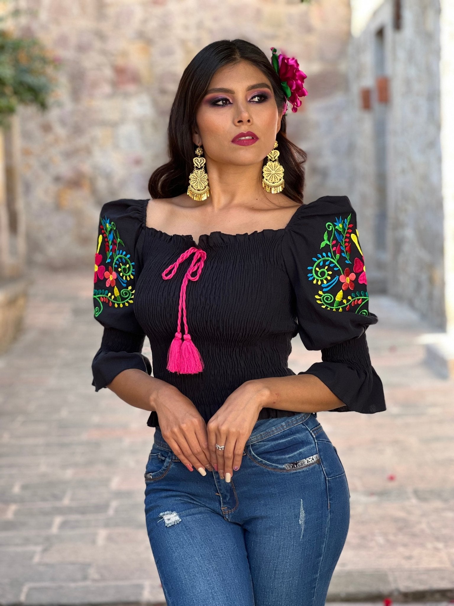 Mexican Floral Embroidered Bell Sleeve Blouse. Blusa Camila. - Solei Store